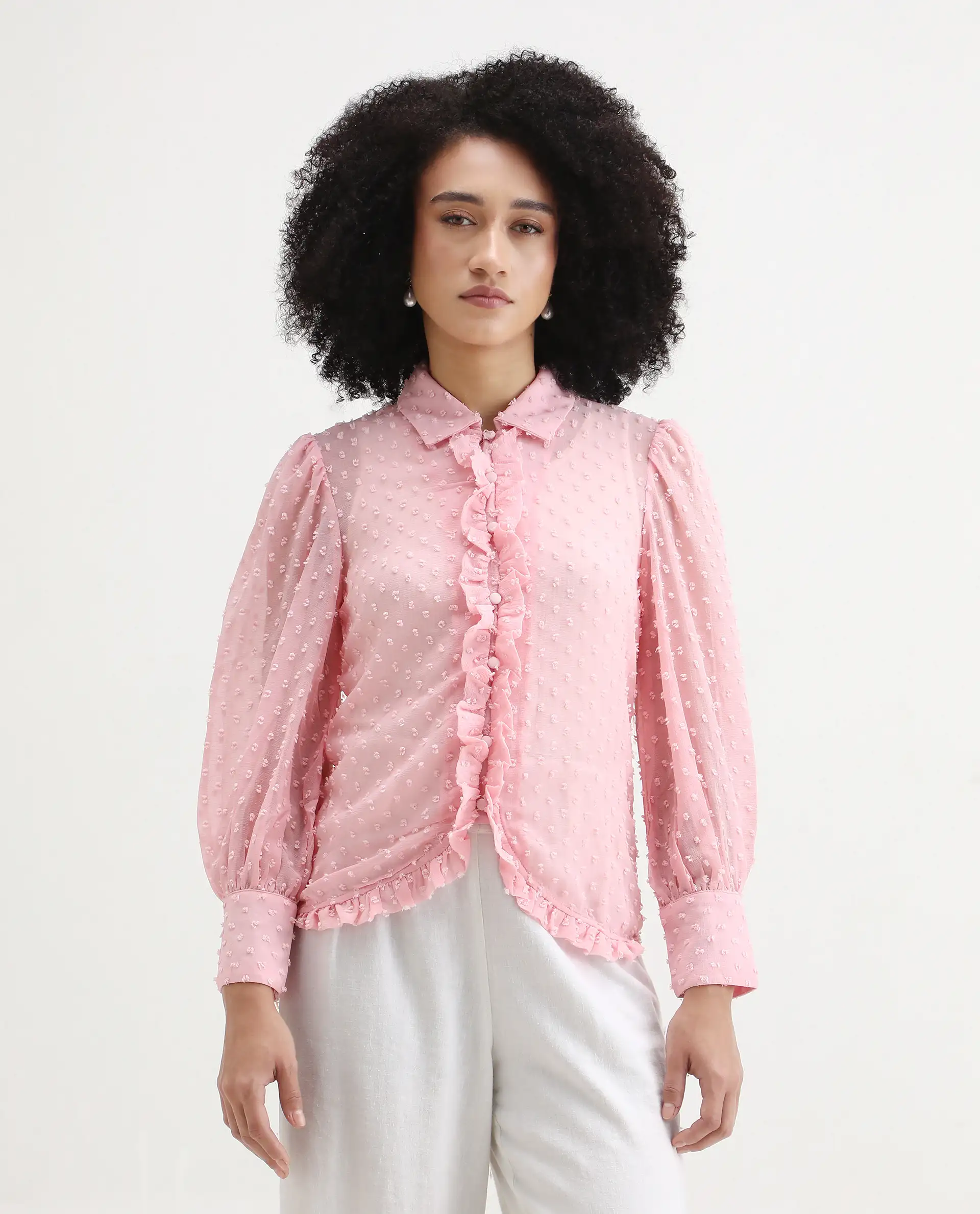 Rareism Women's Erat Pink Polyester Spread Collar Plain Bishop Sleeve Regular Fit Top - Image 6