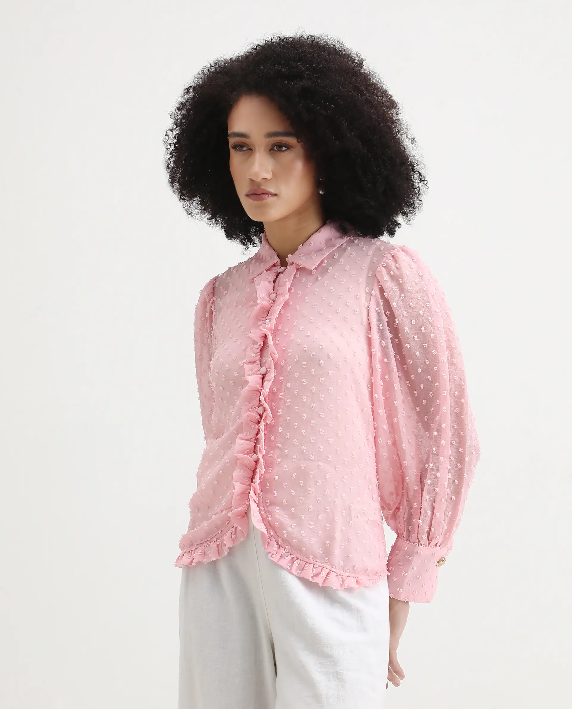 Rareism Women's Erat Pink Polyester Spread Collar Plain Bishop Sleeve Regular Fit Top - Image 7