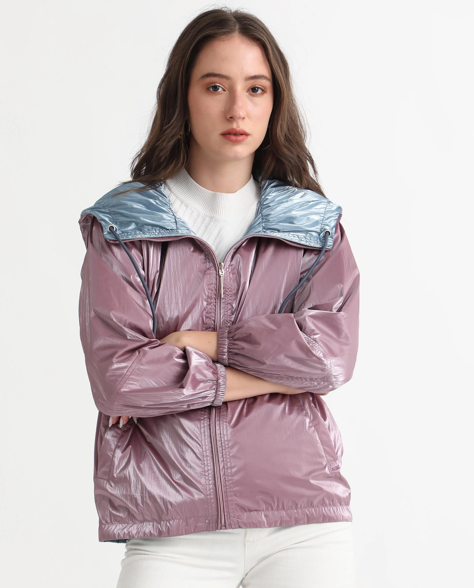 Rareism Women's Erber Pink Polyester Hooded Plain Balloon Sleeve Regular Fit Jacket - Image 6