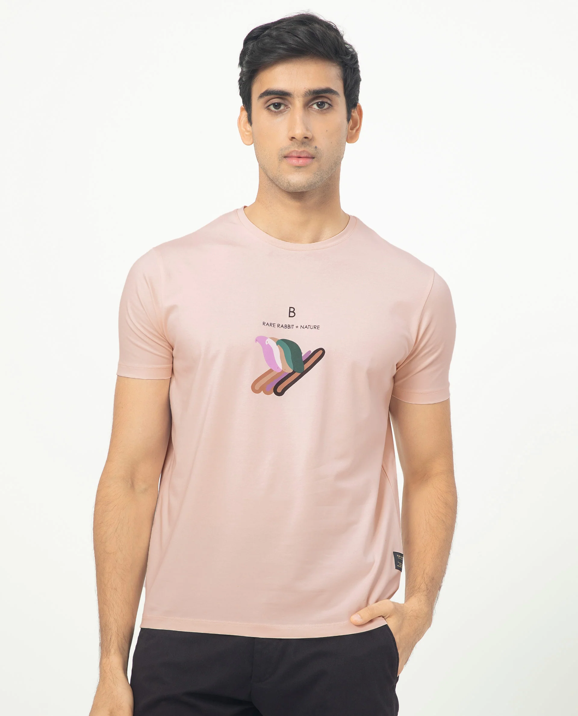 Rare Rabbit Men's Erdon Pastel Pink Cotton Graphic Print Slim Fit Half Sleeve Crew Neck T-Shirt