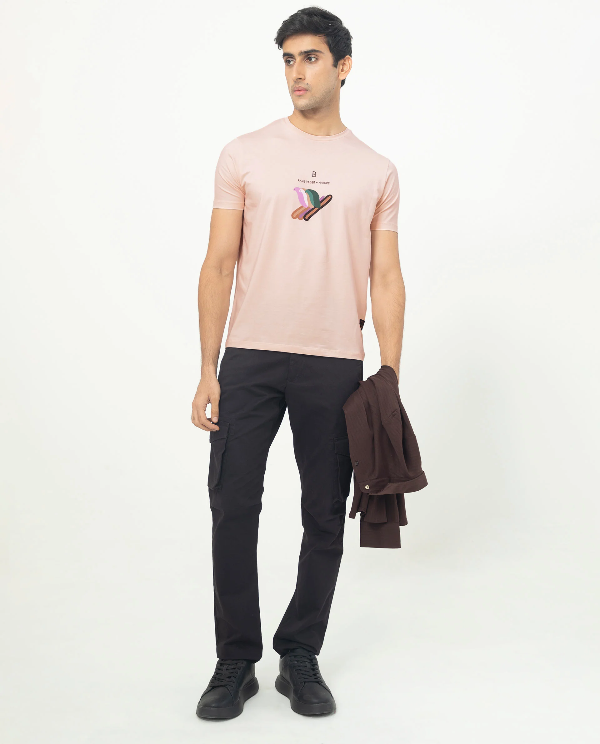 Rare Rabbit Men's Erdon Pastel Pink Cotton Graphic Print Slim Fit Half Sleeve Crew Neck T-Shirt - Image 3