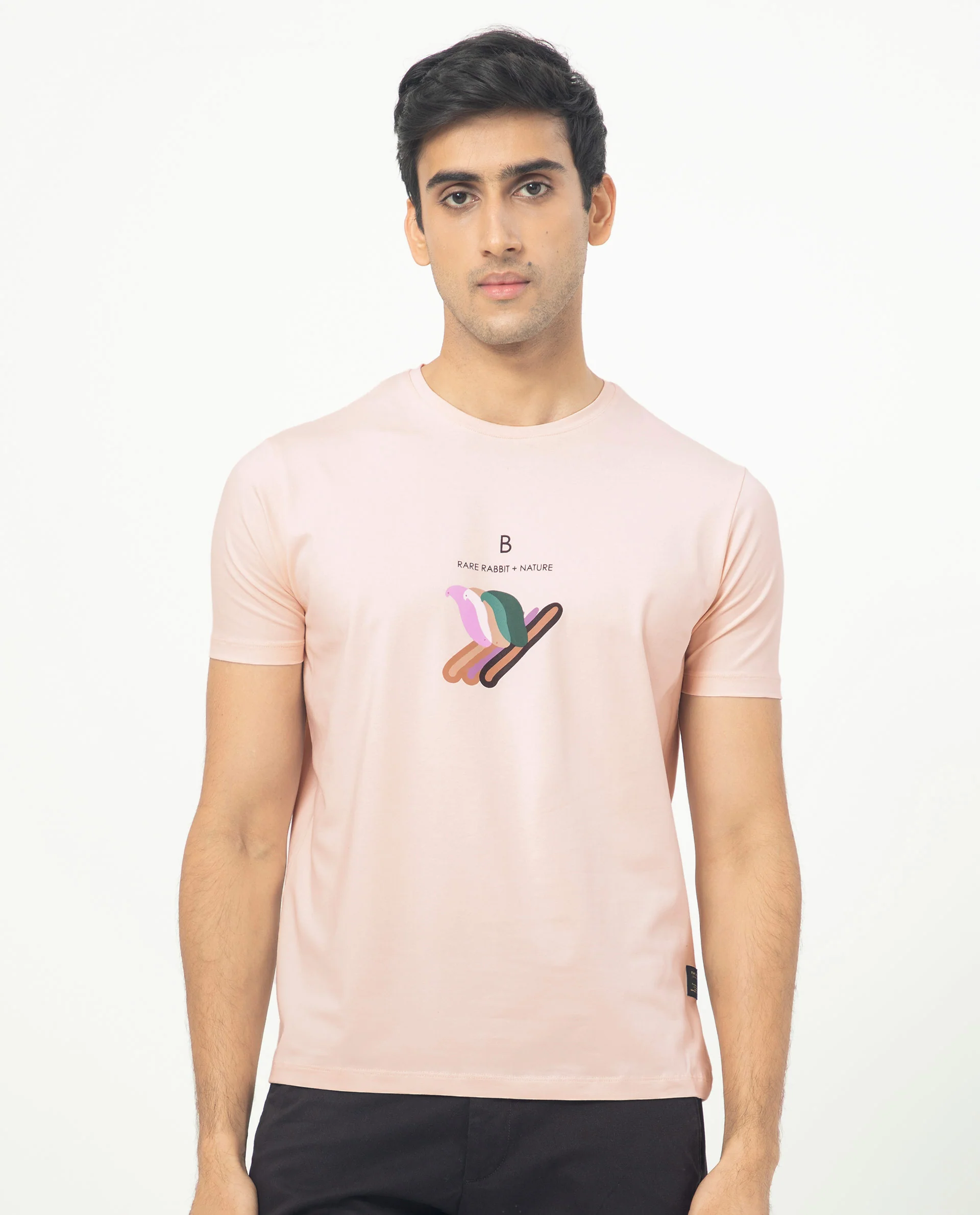 Rare Rabbit Men's Erdon Pastel Pink Cotton Graphic Print Slim Fit Half Sleeve Crew Neck T-Shirt - Image 4