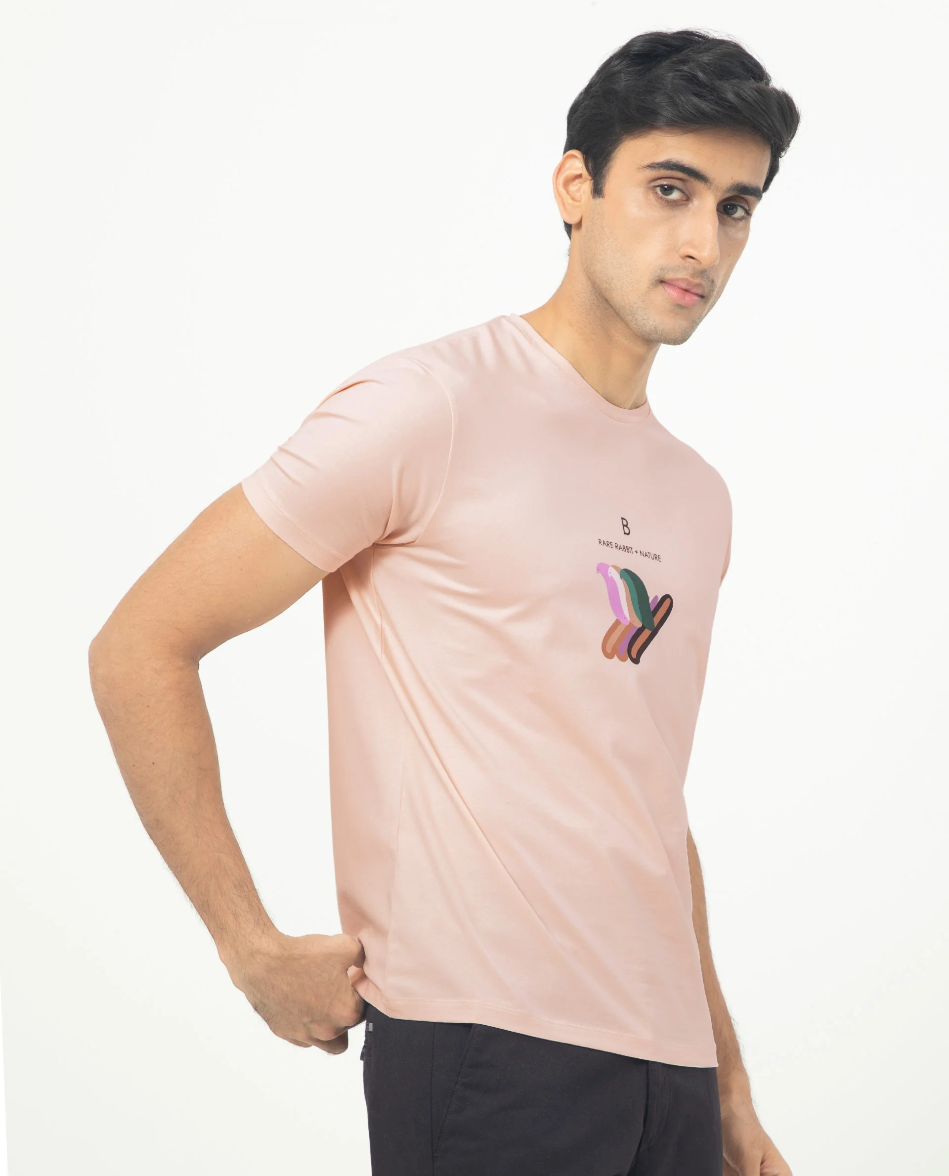 Rare Rabbit Men's Erdon Pastel Pink Cotton Graphic Print Slim Fit Half Sleeve Crew Neck T-Shirt - Image 8