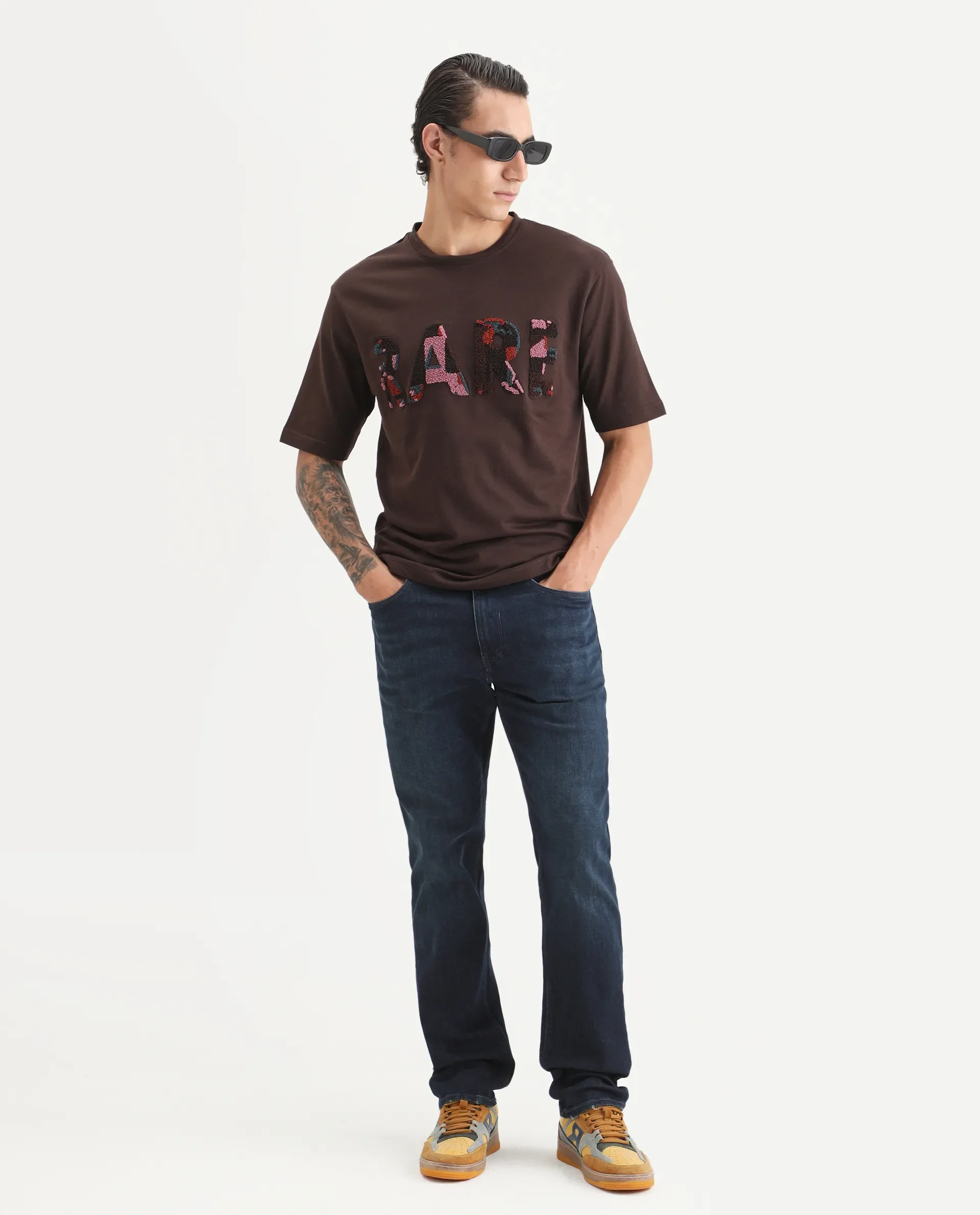 Rare Rabbit Men's Erfe Dark Brown Cotton Fabric Short Sleeve Crew Neck Oversized Fit Graphic Print T-Shirt - Image 2