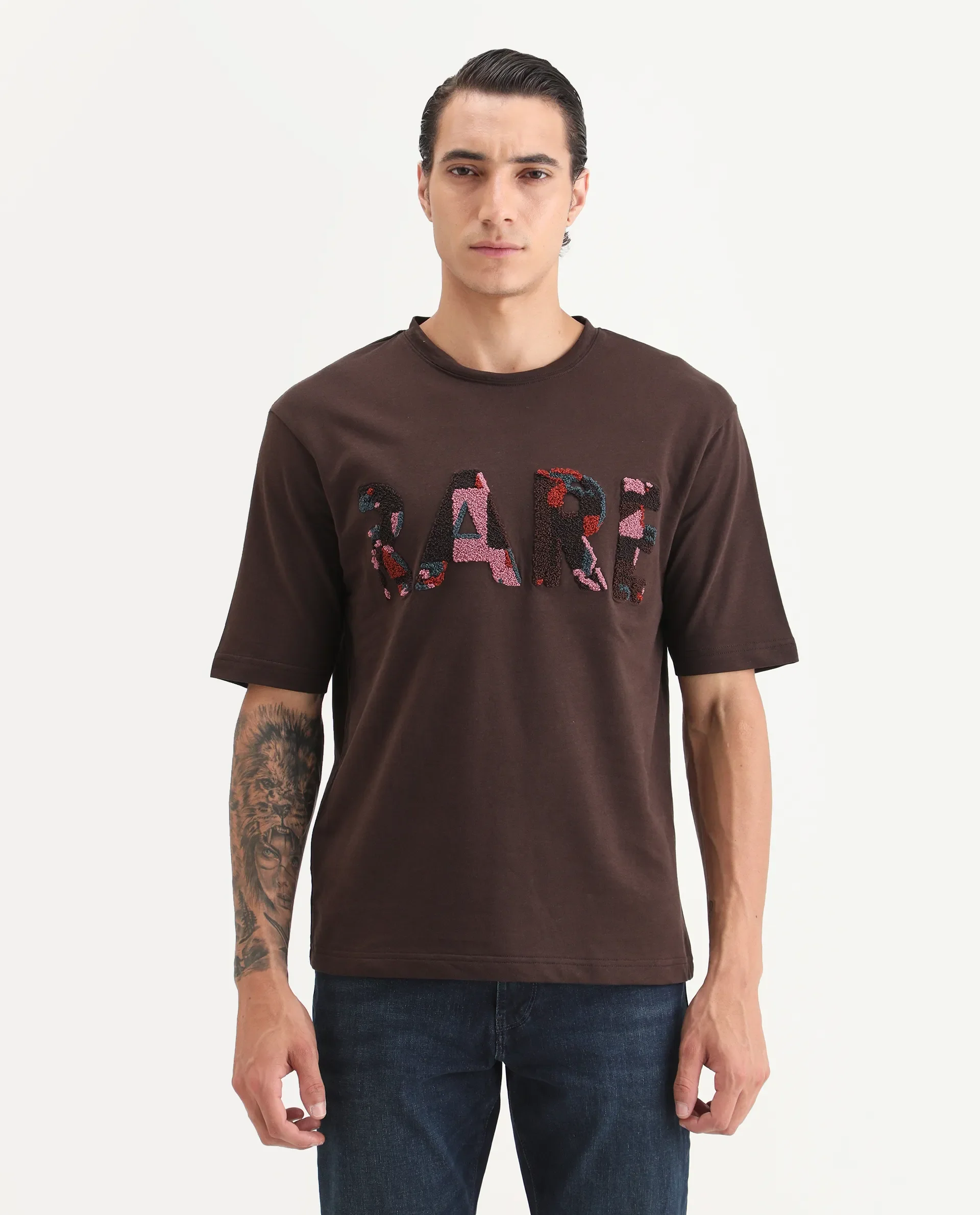 Rare Rabbit Men's Erfe Dark Brown Cotton Fabric Short Sleeve Crew Neck Oversized Fit Graphic Print T-Shirt - Image 4