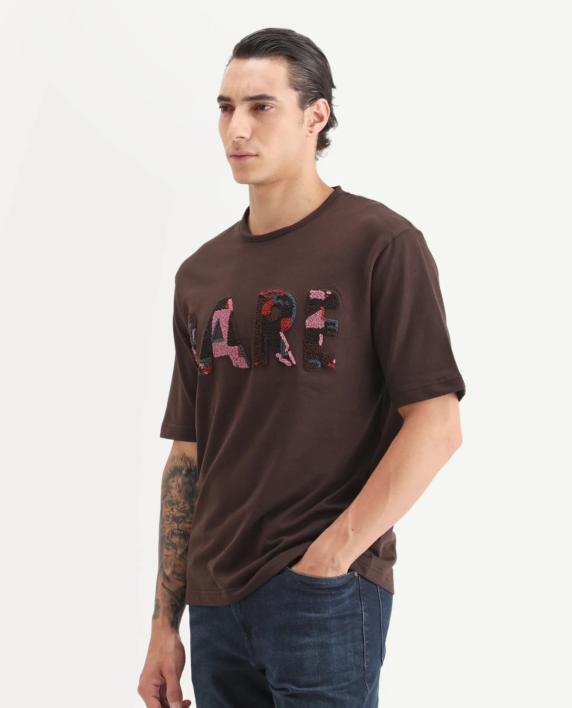 Rare Rabbit Men's Erfe Dark Brown Cotton Fabric Short Sleeve Crew Neck Oversized Fit Graphic Print T-Shirt - Image 5