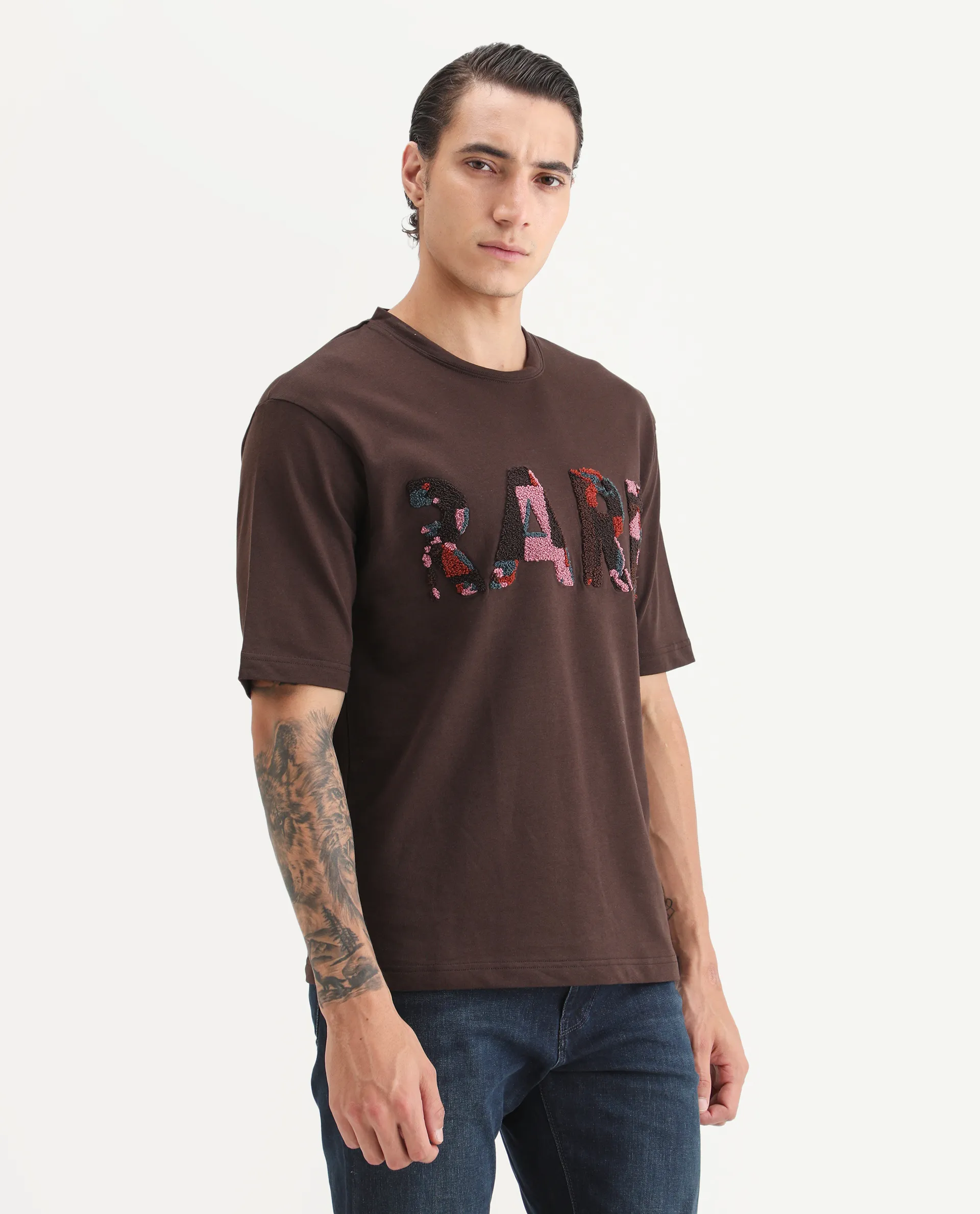 Rare Rabbit Men's Erfe Dark Brown Cotton Fabric Short Sleeve Crew Neck Oversized Fit Graphic Print T-Shirt - Image 6