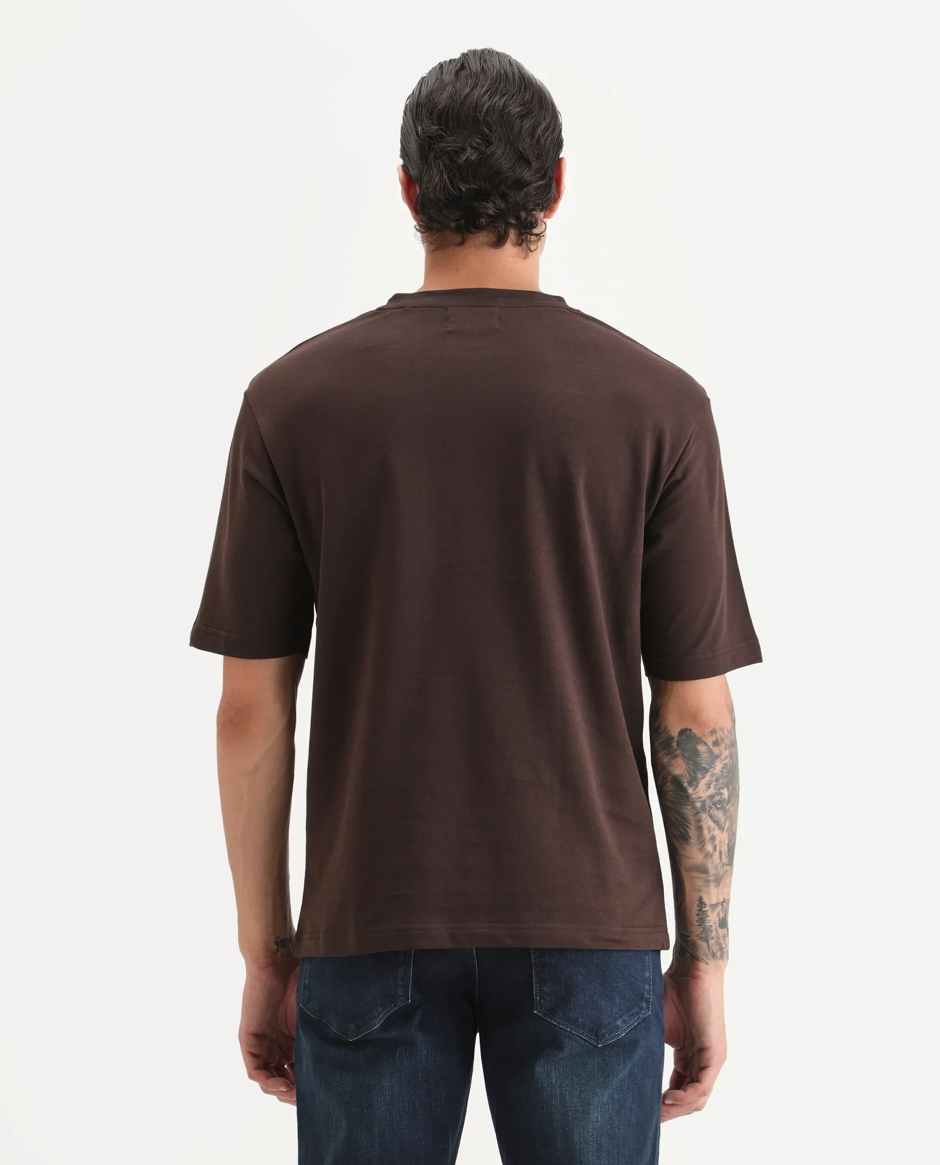 Rare Rabbit Men's Erfe Dark Brown Cotton Fabric Short Sleeve Crew Neck Oversized Fit Graphic Print T-Shirt - Image 7