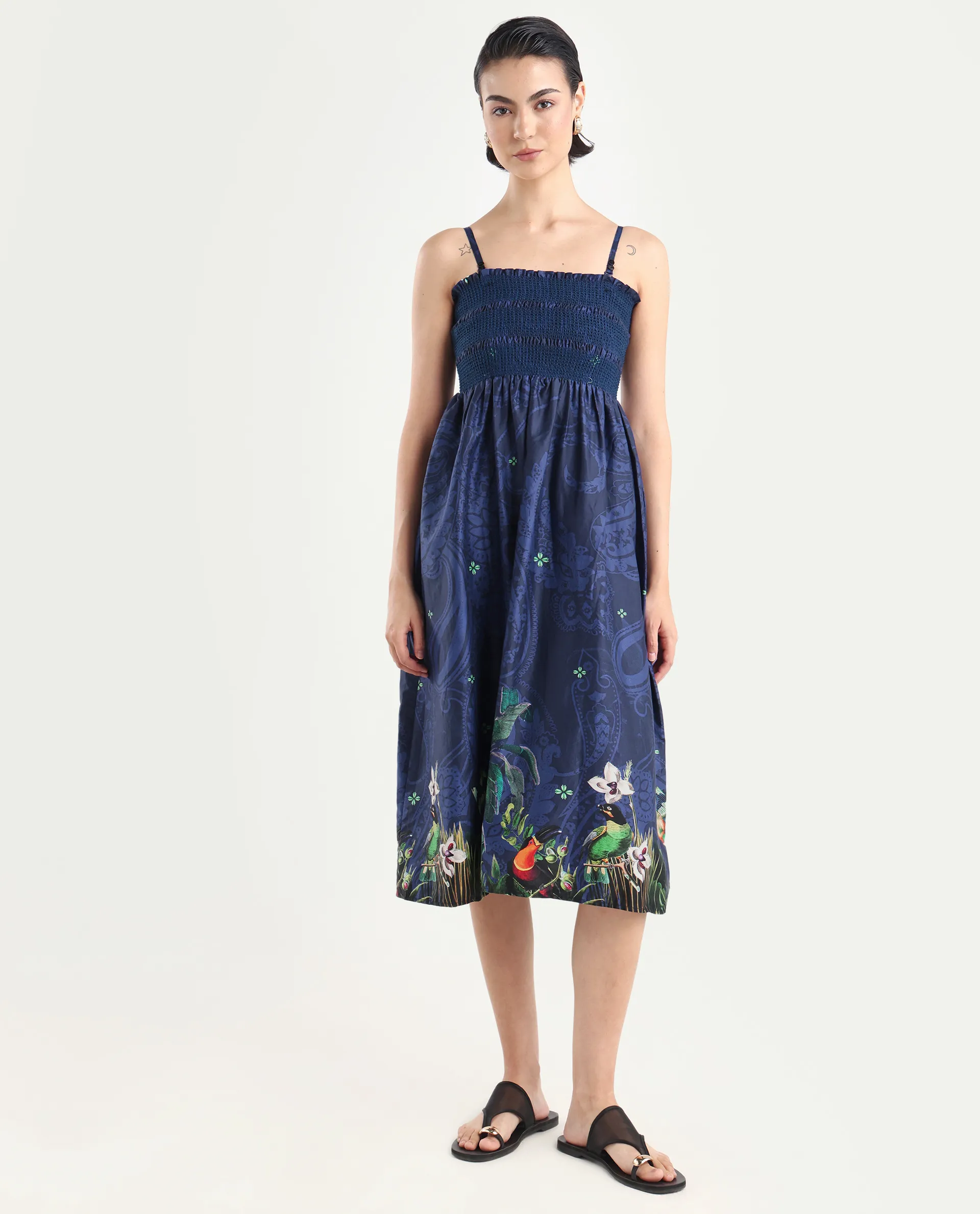 Rareism Women's Ergen Blue Cotton Tube Neck Floral Print Midi Fit And Flare Dress - Image 2