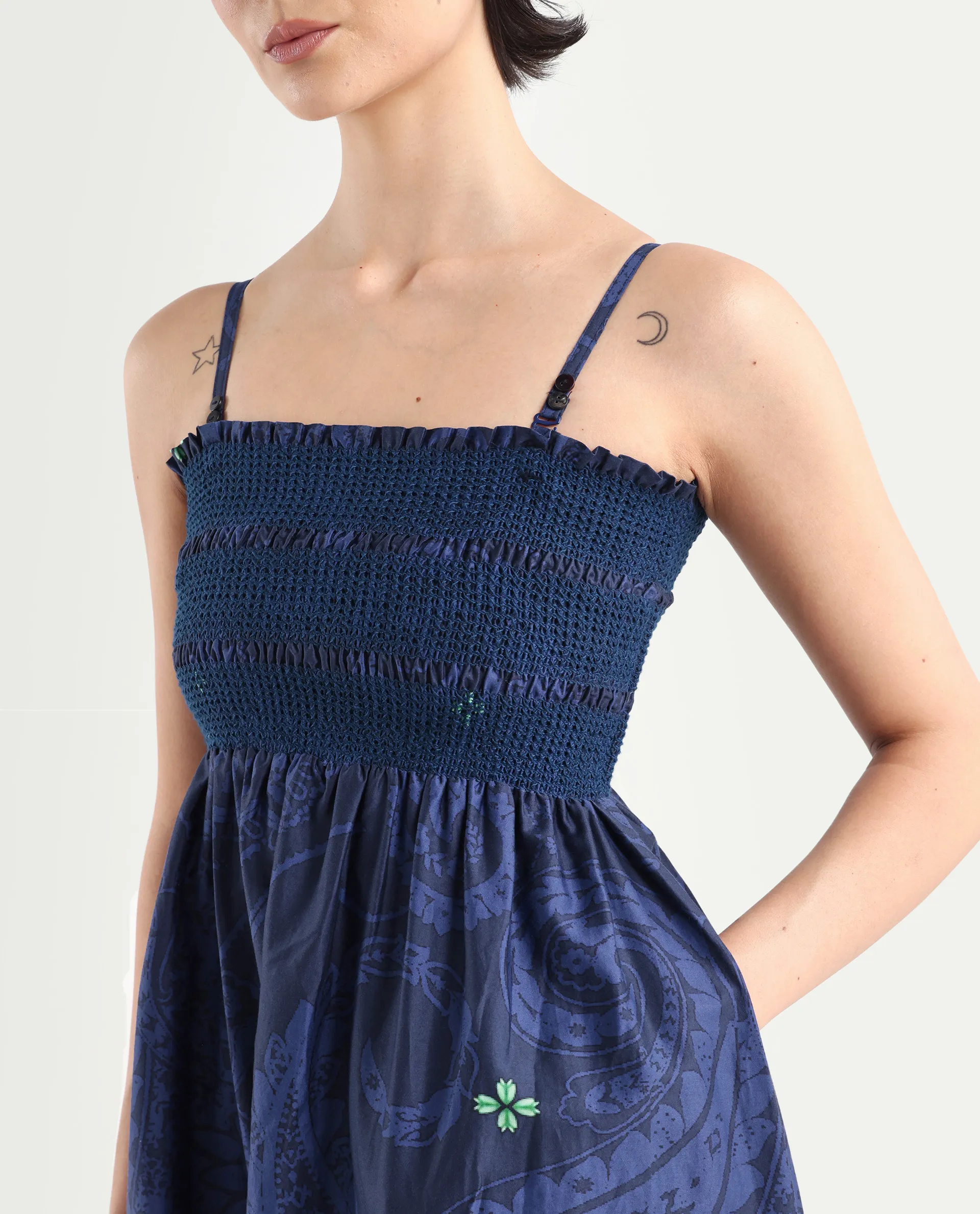 Rareism Women's Ergen Blue Cotton Tube Neck Floral Print Midi Fit And Flare Dress - Image 4