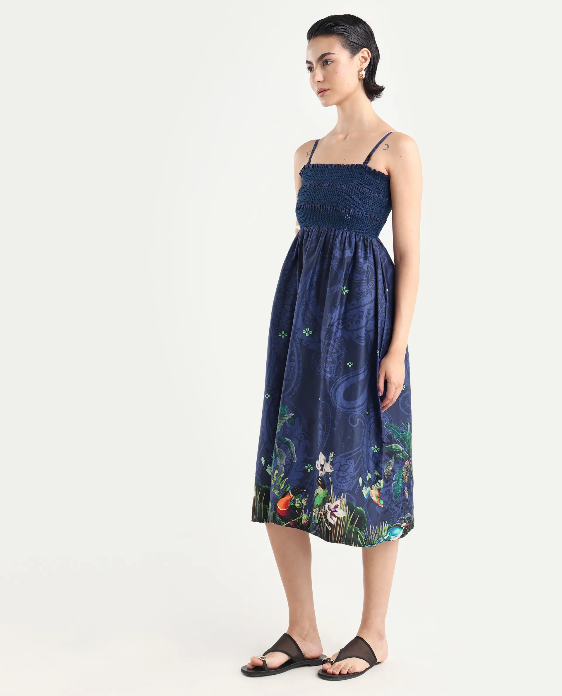 Rareism Women's Ergen Blue Cotton Tube Neck Floral Print Midi Fit And Flare Dress - Image 5