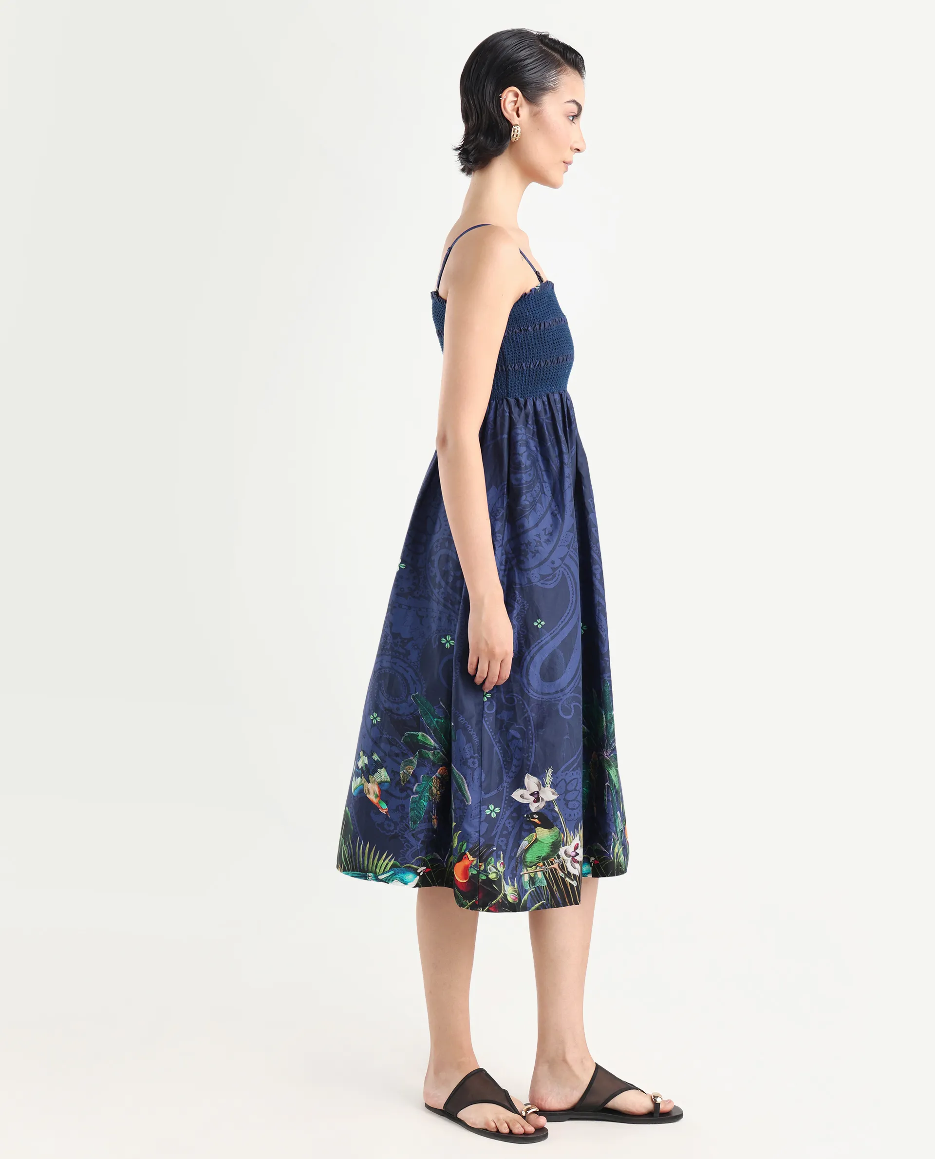 Rareism Women's Ergen Blue Cotton Tube Neck Floral Print Midi Fit And Flare Dress - Image 6