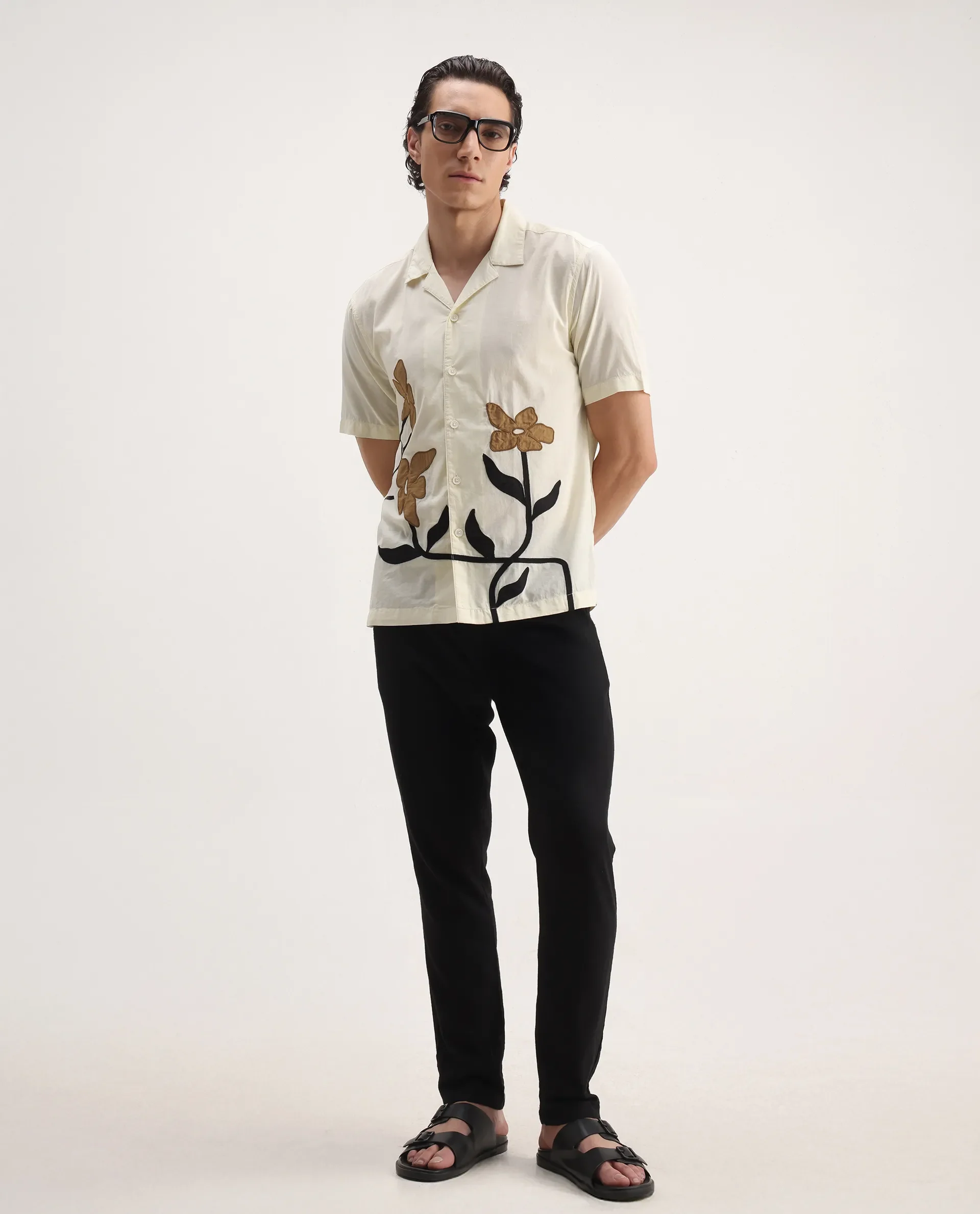 Rare Rabbit Men's Eric Off White Cotton Embroidered Boxy Fit Half Sleeve Cuban Collar Shirt - Image 2