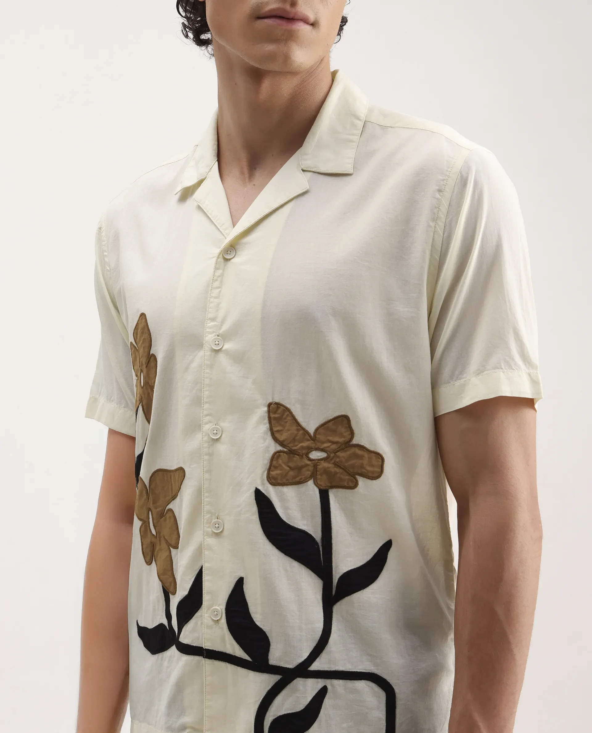 Rare Rabbit Men's Eric Off White Cotton Embroidered Boxy Fit Half Sleeve Cuban Collar Shirt - Image 3