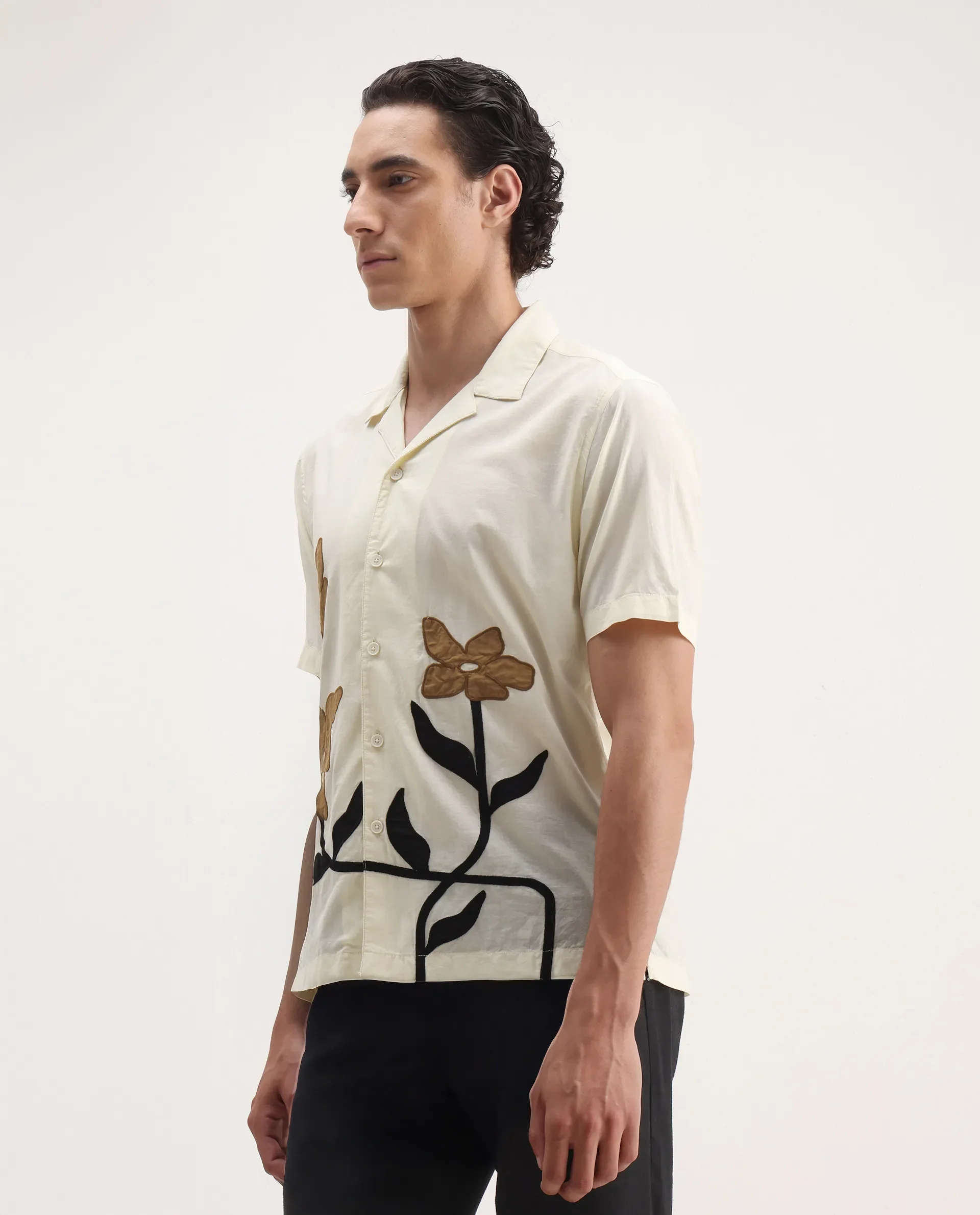Rare Rabbit Men's Eric Off White Cotton Embroidered Boxy Fit Half Sleeve Cuban Collar Shirt - Image 4