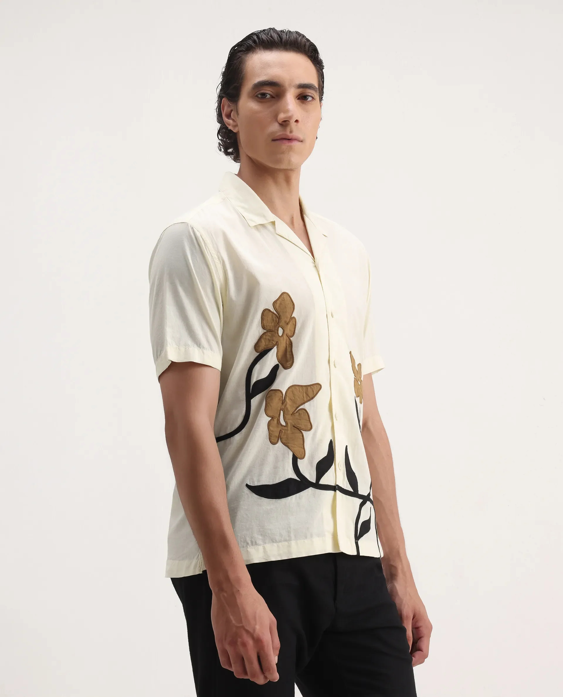 Rare Rabbit Men's Eric Off White Cotton Embroidered Boxy Fit Half Sleeve Cuban Collar Shirt - Image 5