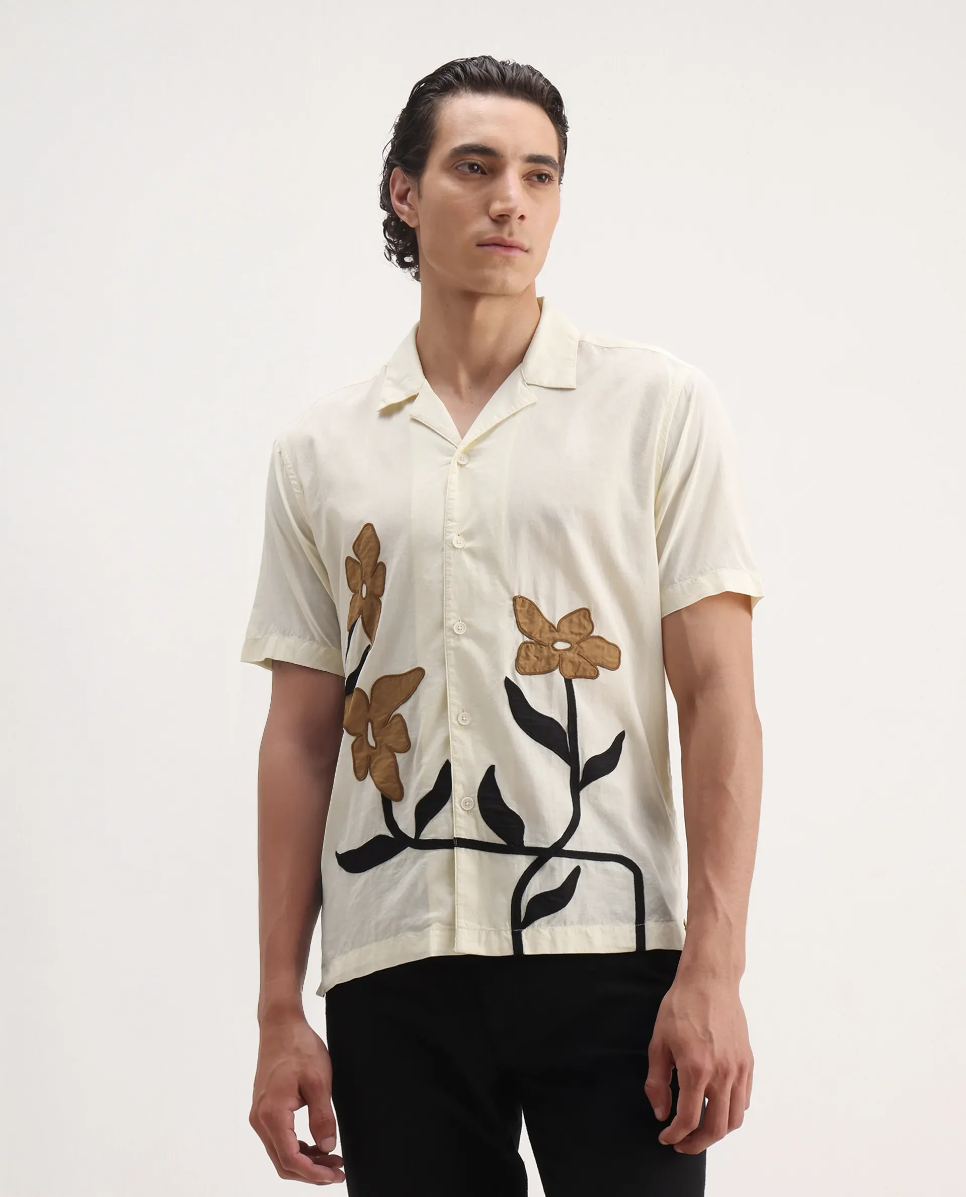 Rare Rabbit Men's Eric Off White Cotton Embroidered Boxy Fit Half Sleeve Cuban Collar Shirt - Image 6