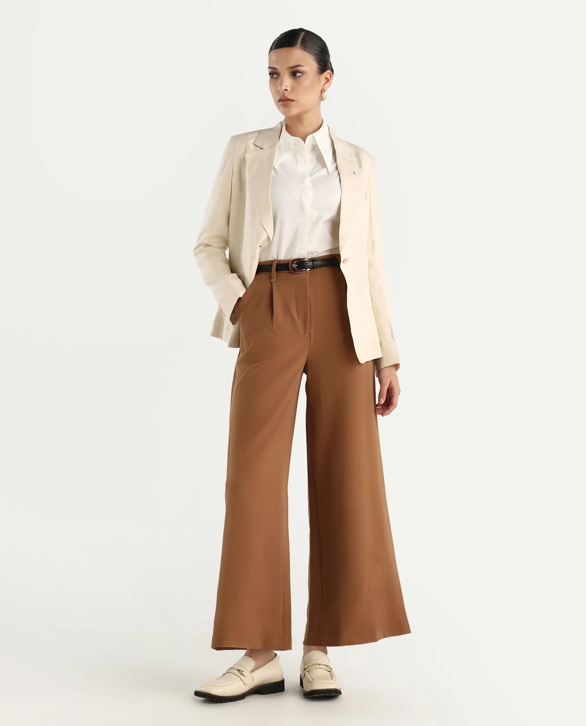 Rareism Women's Erica - Beige Polyester Blend Plain Ankle Length Wide Trouser