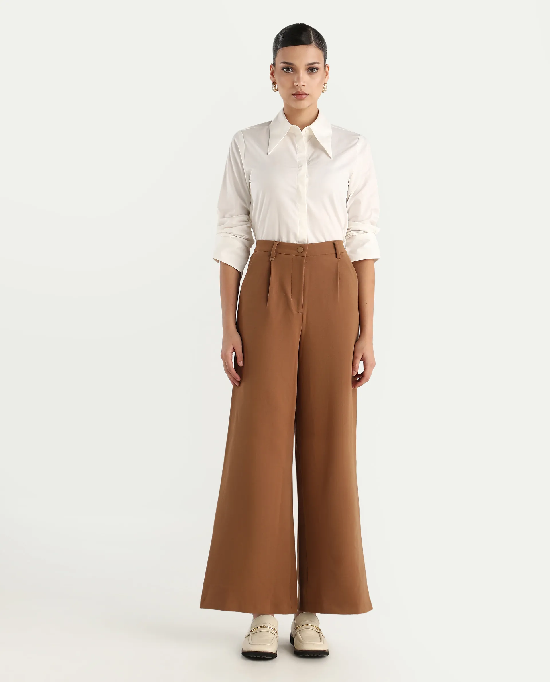 Rareism Women's Erica - Beige Polyester Blend Plain Ankle Length Wide Trouser - Image 2