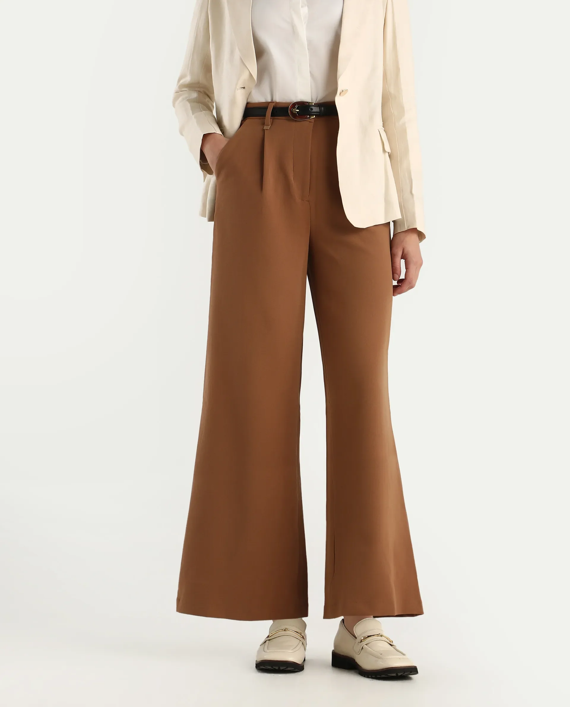 Rareism Women's Erica - Beige Polyester Blend Plain Ankle Length Wide Trouser - Image 3