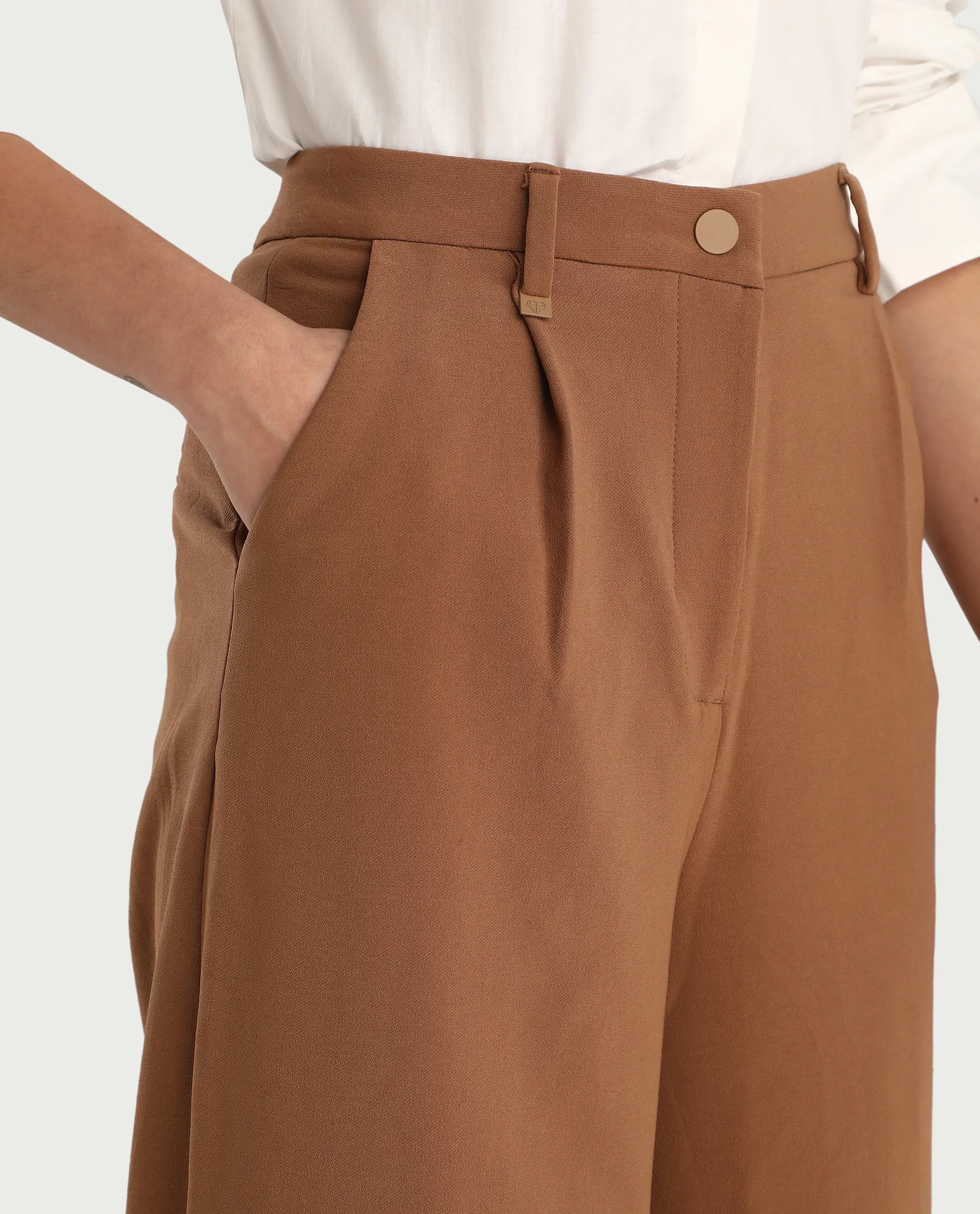 Rareism Women's Erica - Beige Polyester Blend Plain Ankle Length Wide Trouser - Image 4