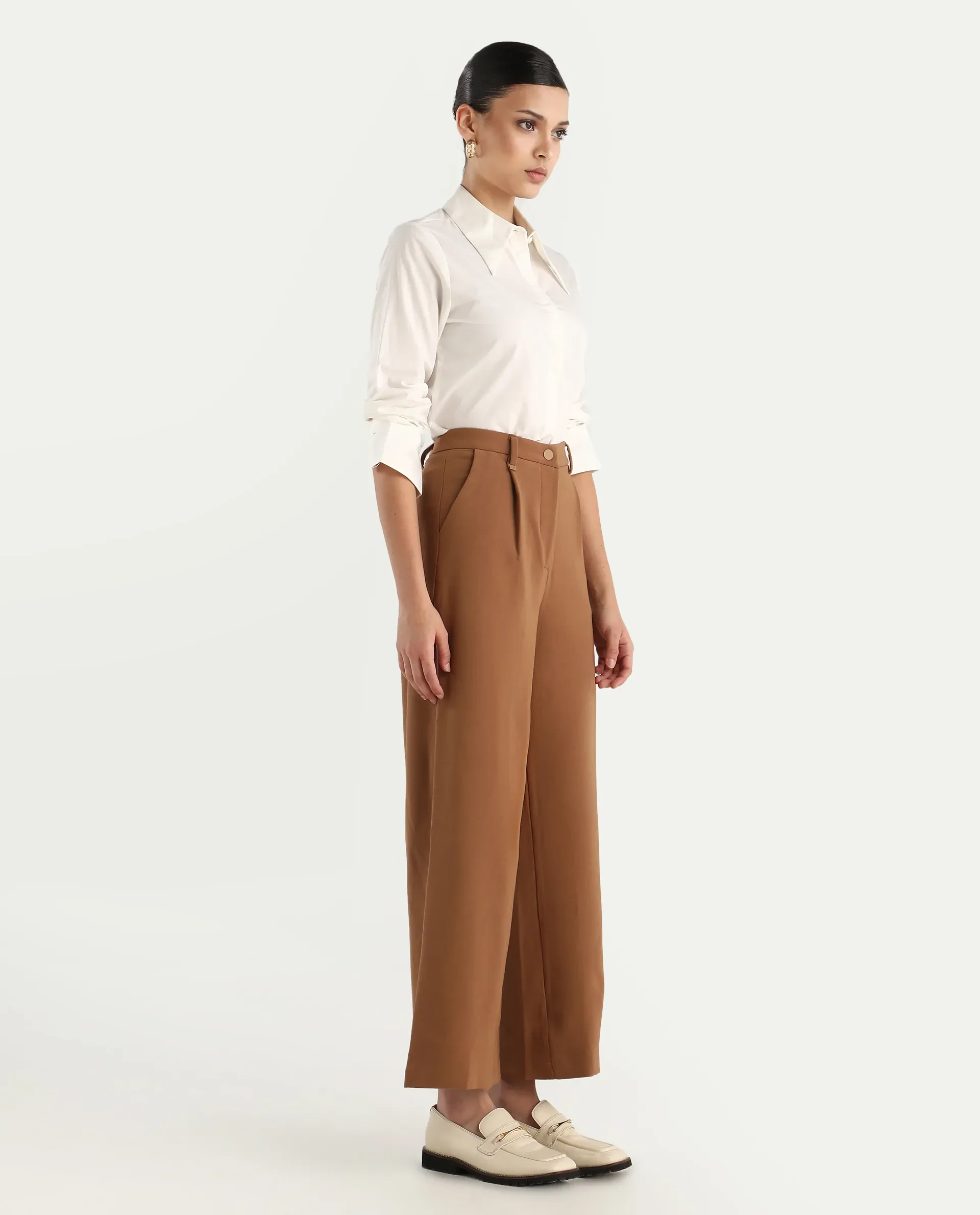 Rareism Women's Erica - Beige Polyester Blend Plain Ankle Length Wide Trouser - Image 6
