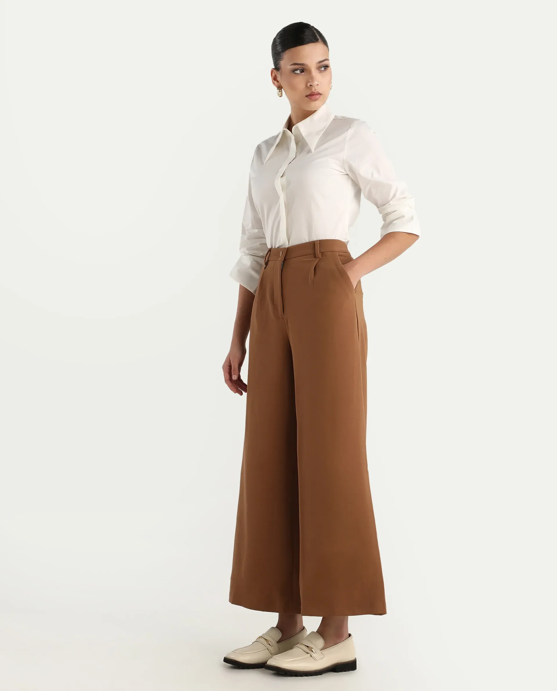 Rareism Women's Erica - Beige Polyester Blend Plain Ankle Length Wide Trouser - Image 7