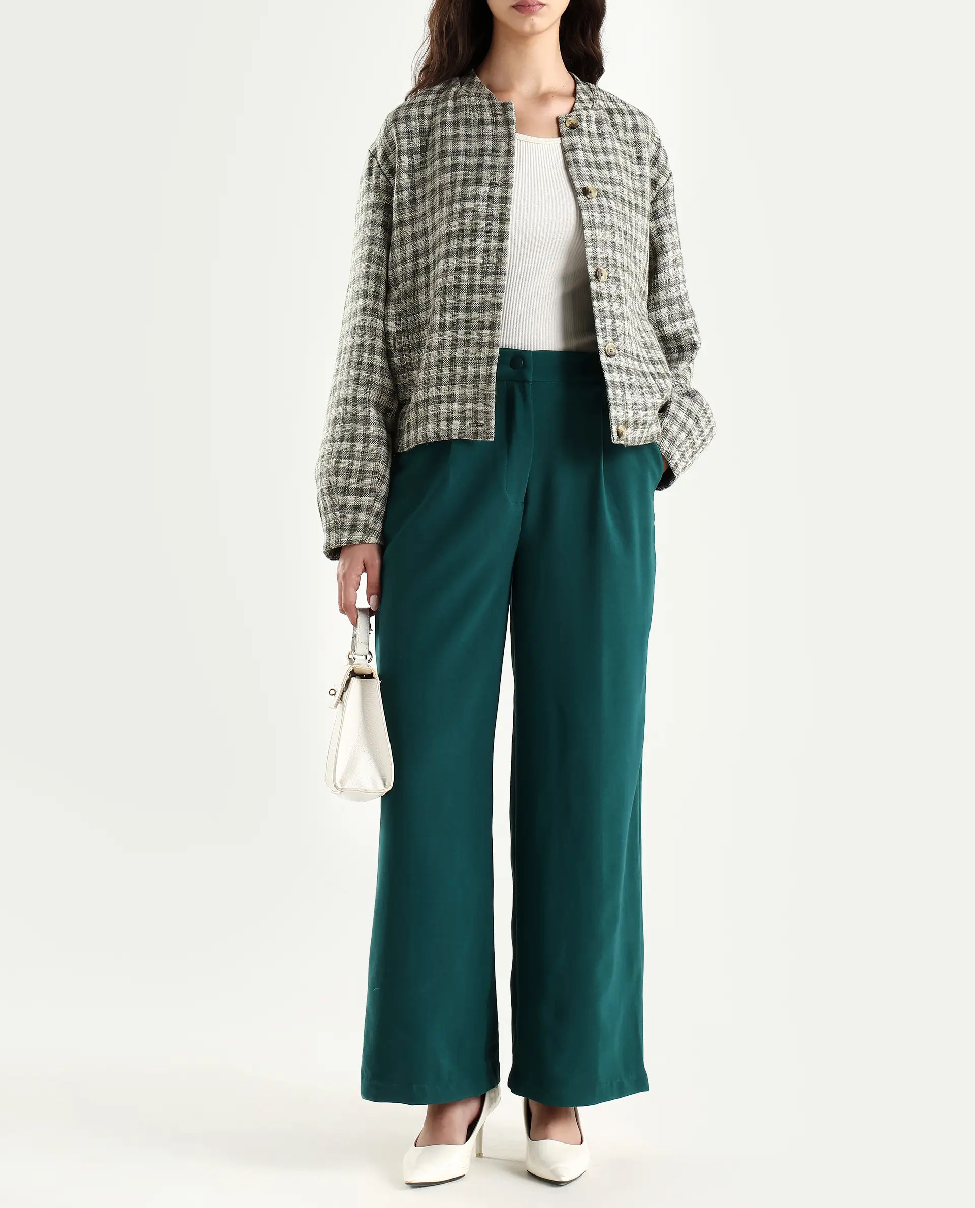 Rareism Women's Erica Green Polyester Blend Plain Ankle Length Wide Trouser - Image 2