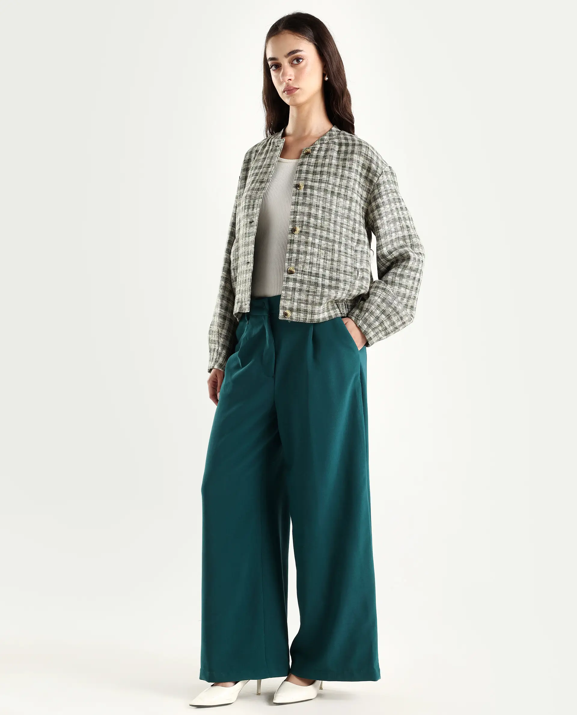 Rareism Women's Erica Green Polyester Blend Plain Ankle Length Wide Trouser - Image 5