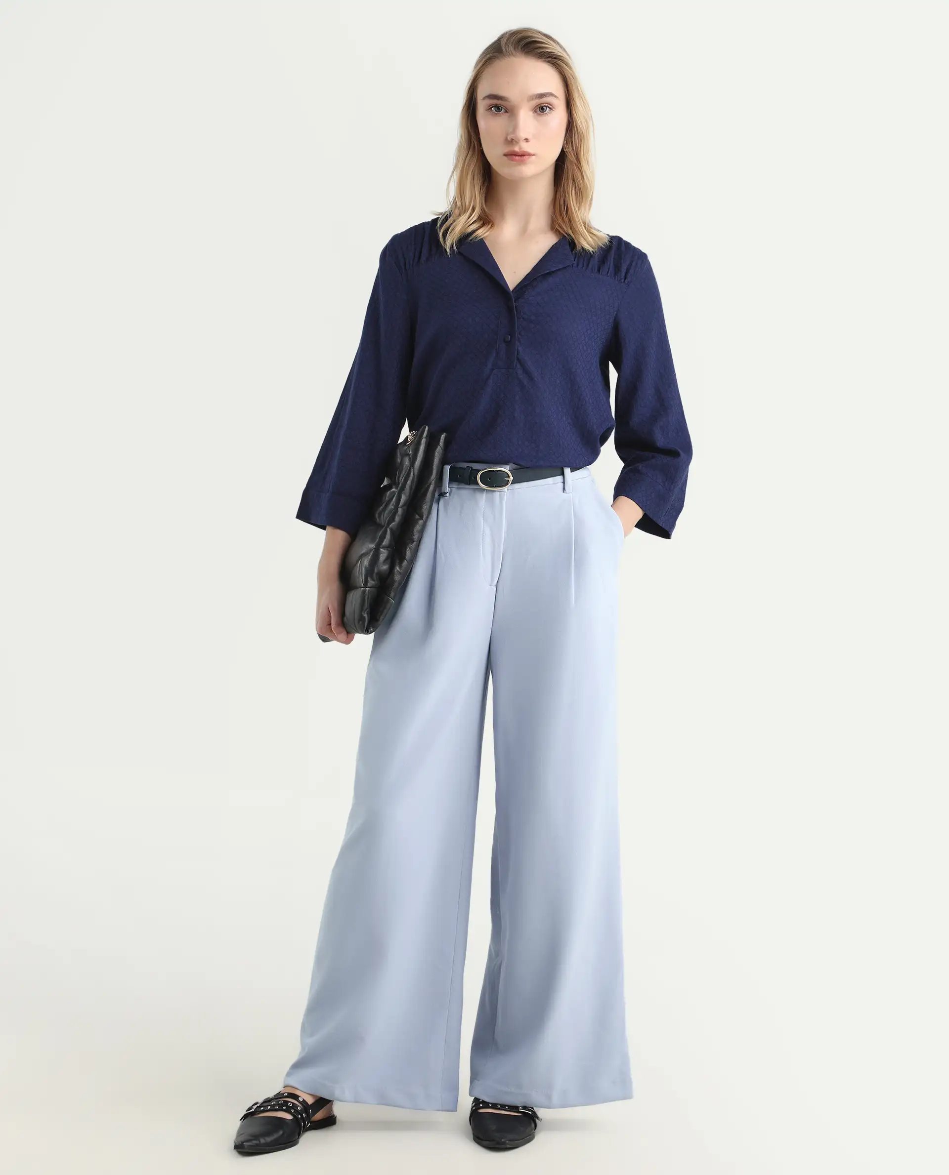 Rareism Women's Erica Grey Polyester Blend Plain Ankle Length Wide Trouser