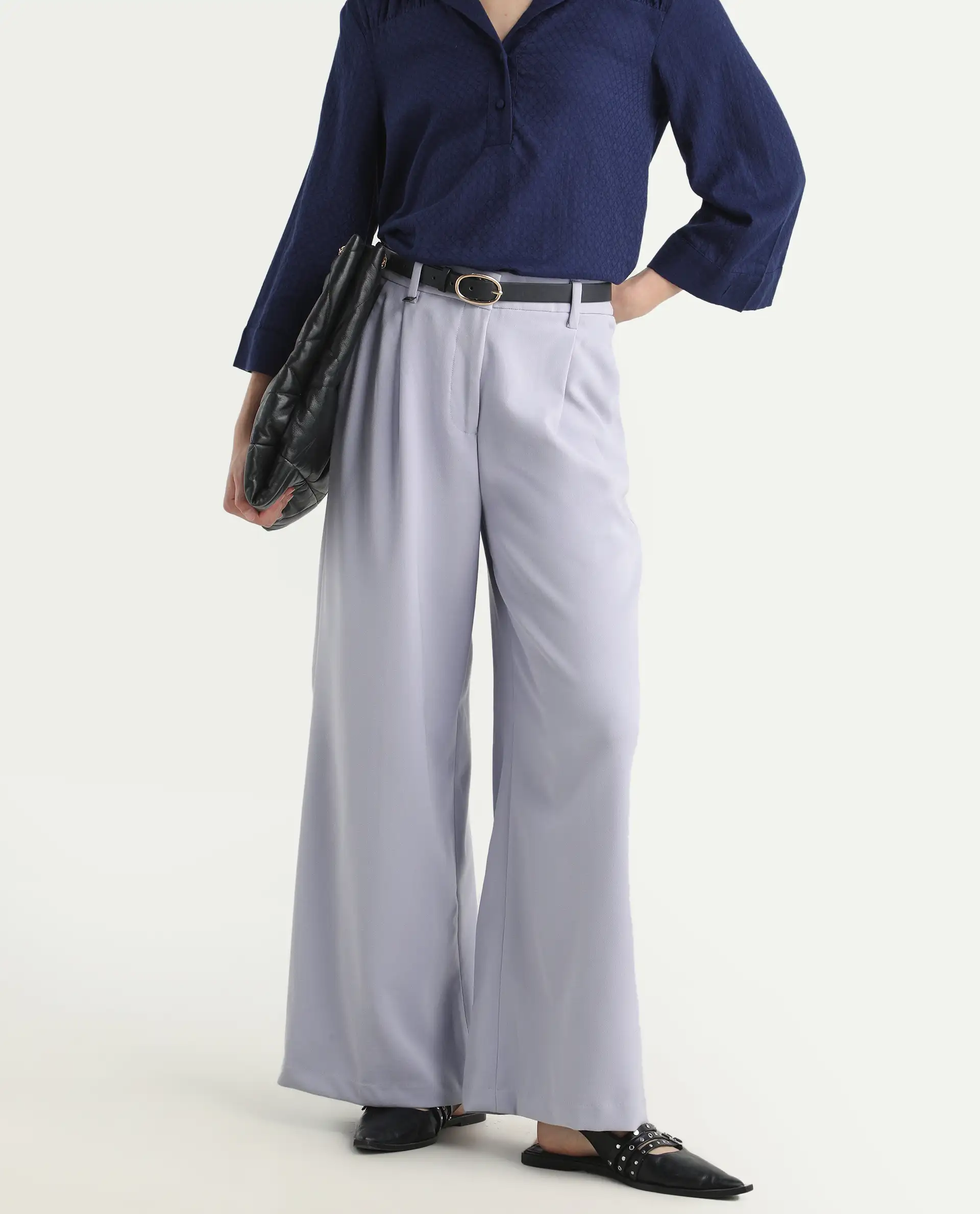 Rareism Women's Erica Grey Polyester Blend Plain Ankle Length Wide Trouser - Image 2