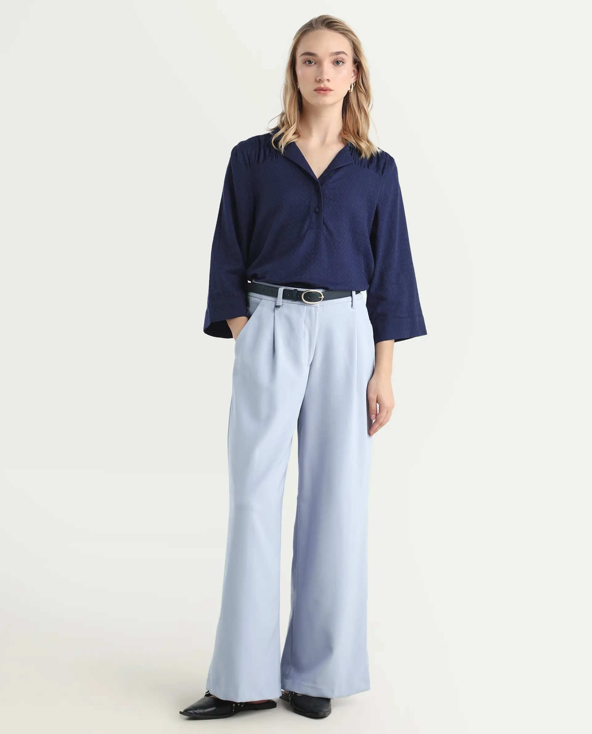 Rareism Women's Erica Grey Polyester Blend Plain Ankle Length Wide Trouser - Image 3