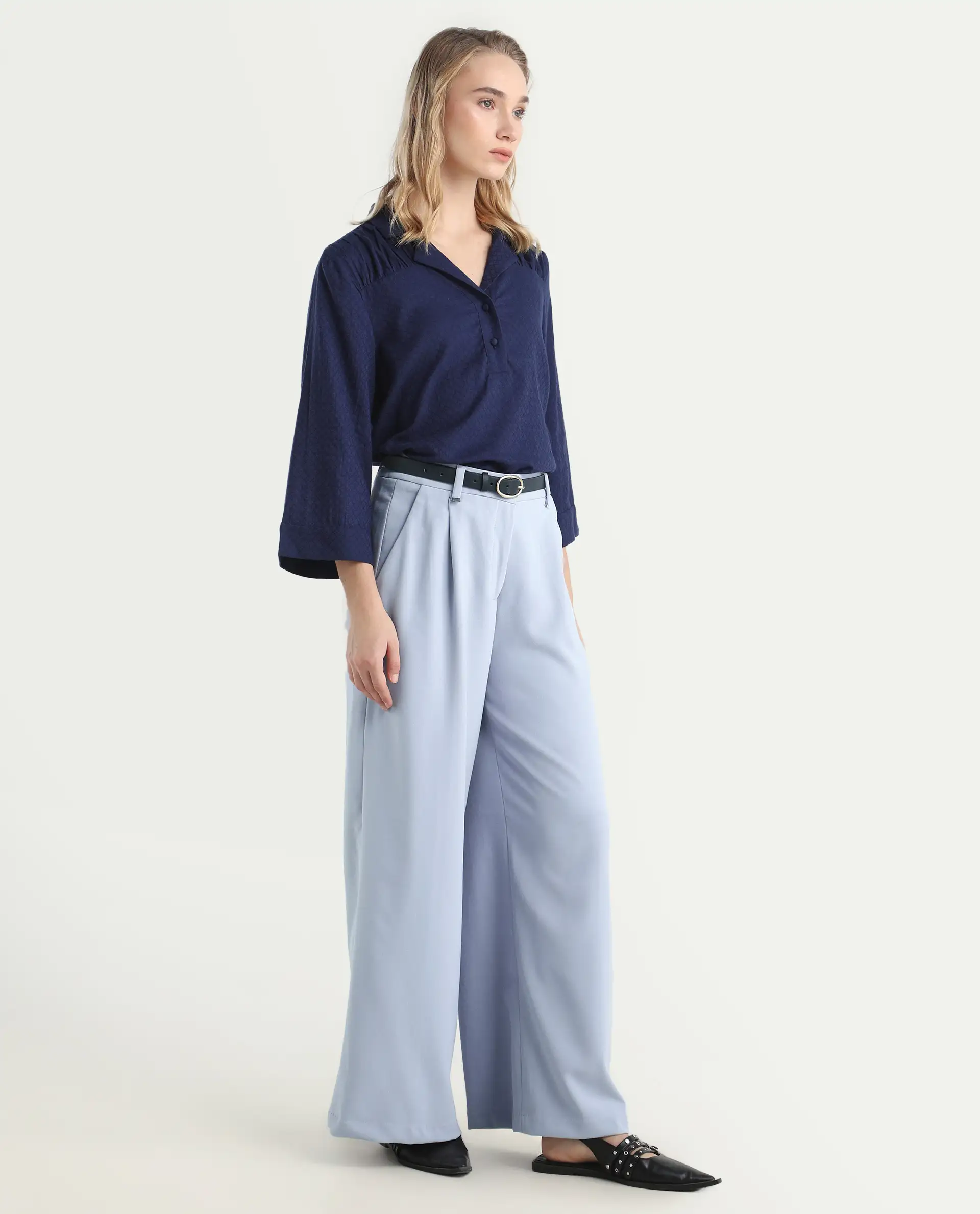 Rareism Women's Erica Grey Polyester Blend Plain Ankle Length Wide Trouser - Image 5