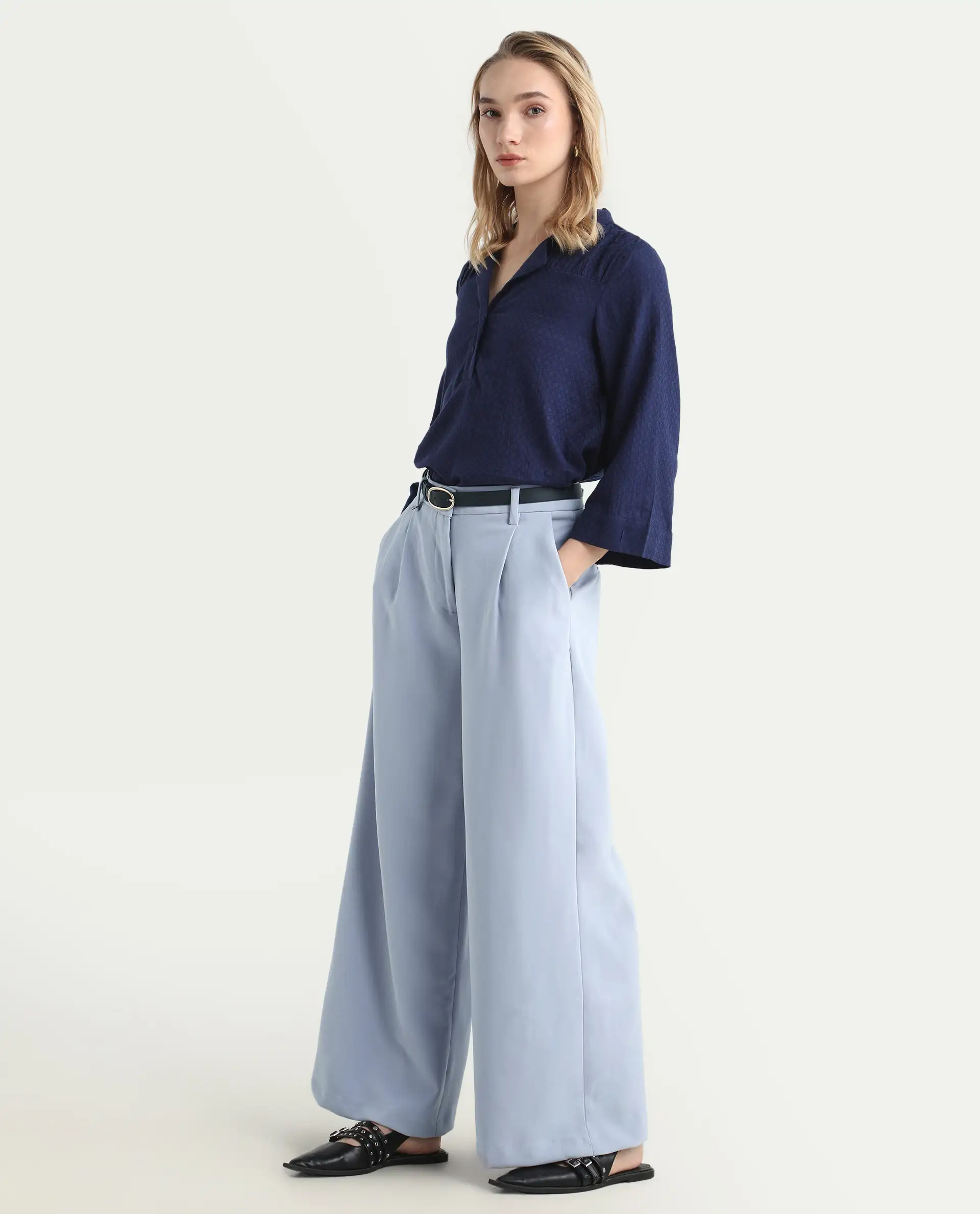 Rareism Women's Erica Grey Polyester Blend Plain Ankle Length Wide Trouser - Image 6
