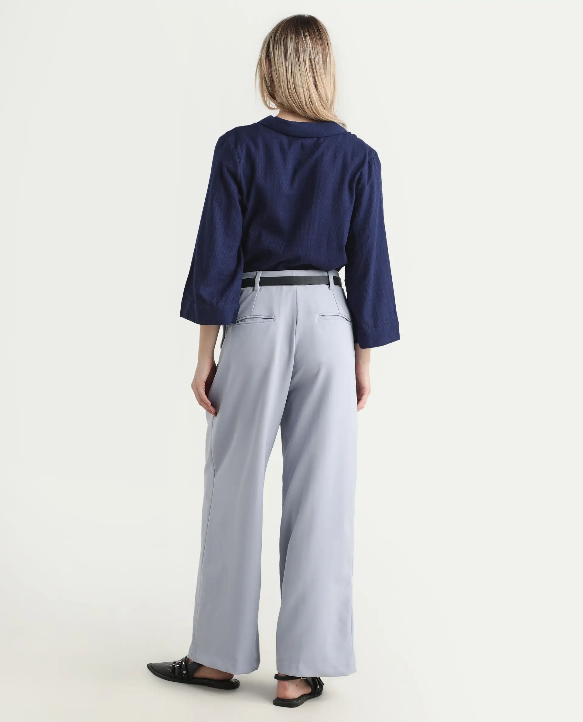 Rareism Women's Erica Grey Polyester Blend Plain Ankle Length Wide Trouser - Image 7