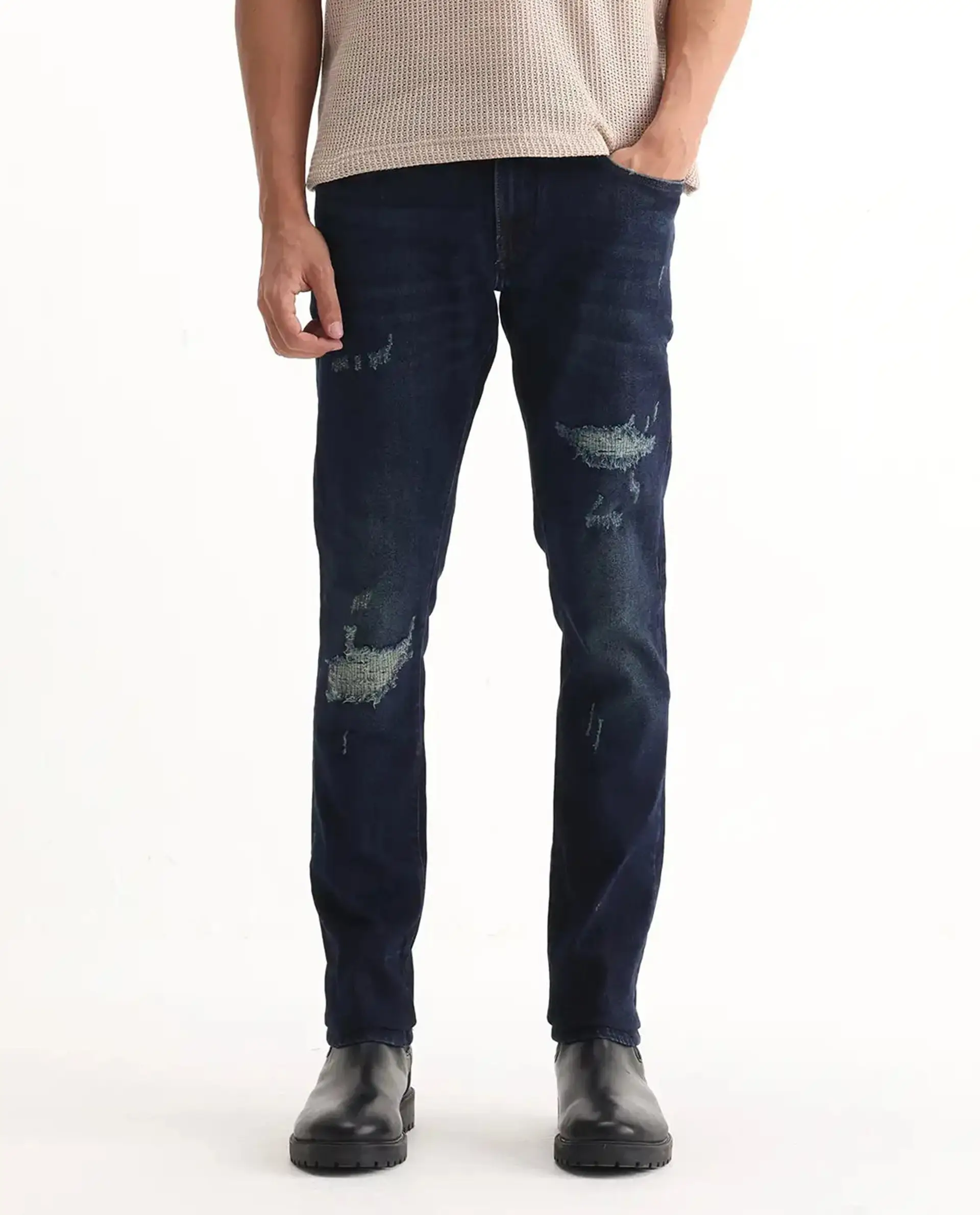 Rare Rabbit Men's Erie Dusky Blue Cotton Blend Plain Hawk Slim Fit Jeans - Image 10