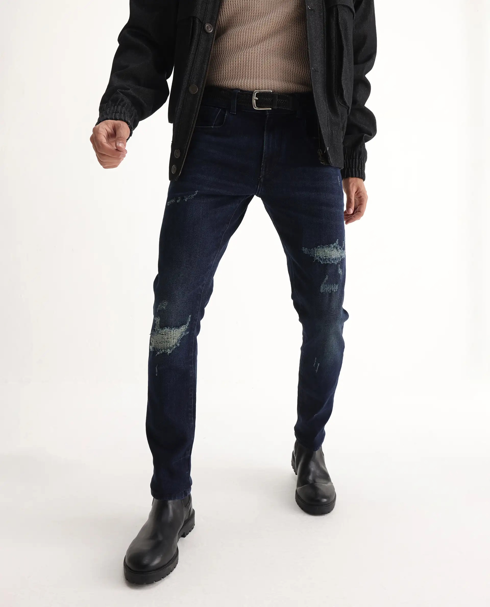 Rare Rabbit Men's Erie Dusky Blue Cotton Blend Plain Hawk Slim Fit Jeans - Image 2
