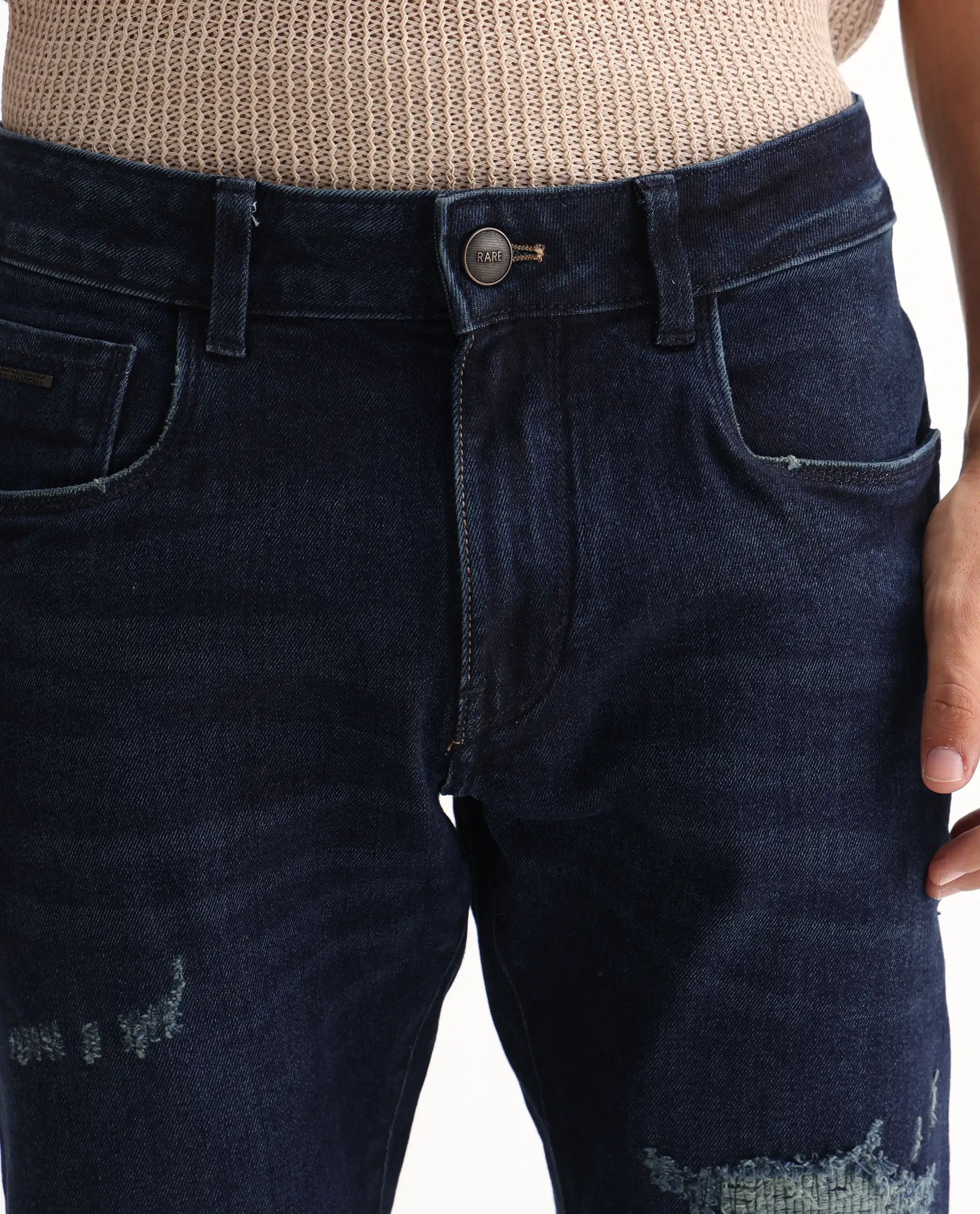 Rare Rabbit Men's Erie Dusky Blue Cotton Blend Plain Hawk Slim Fit Jeans - Image 3