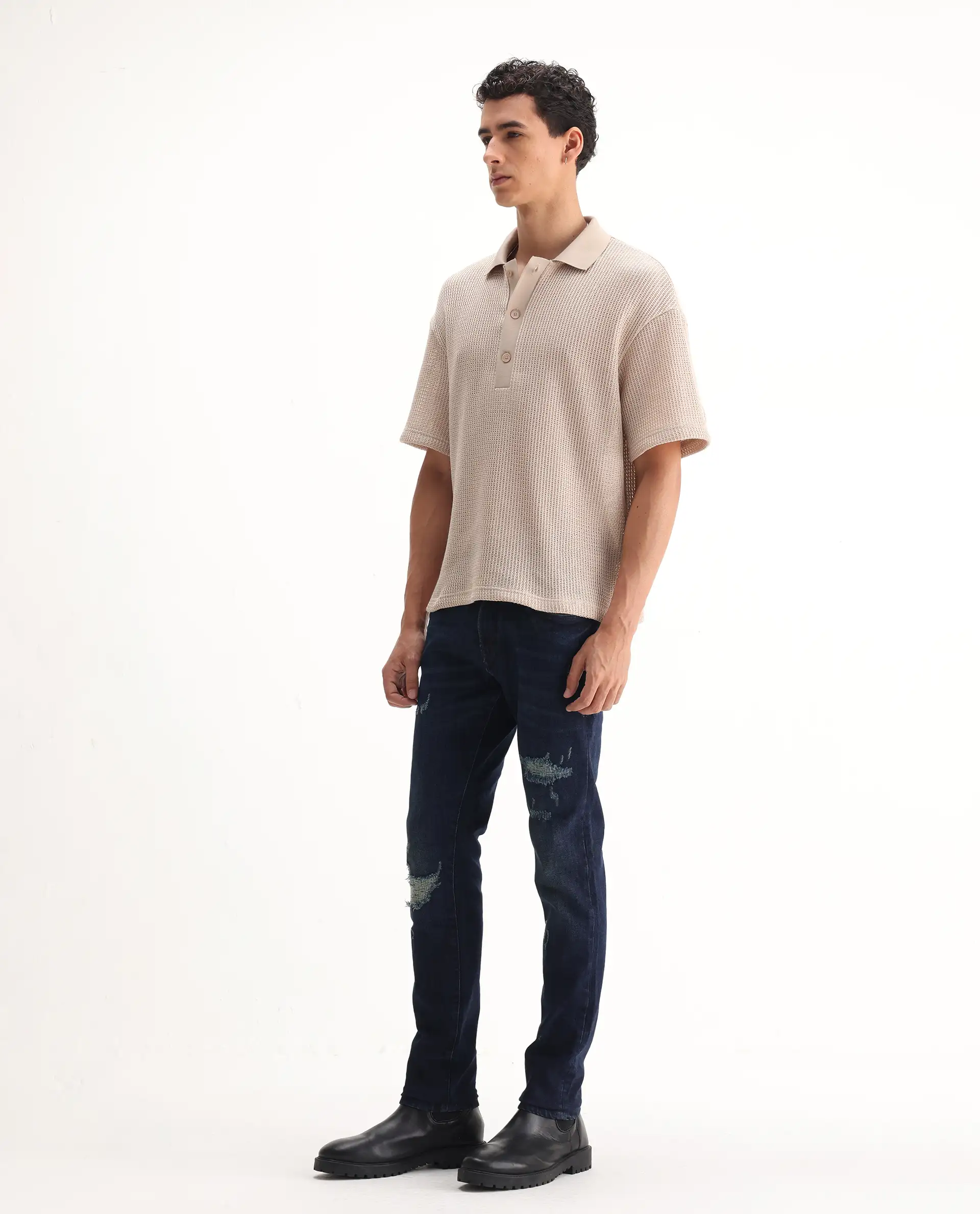 Rare Rabbit Men's Erie Dusky Blue Cotton Blend Plain Hawk Slim Fit Jeans - Image 4