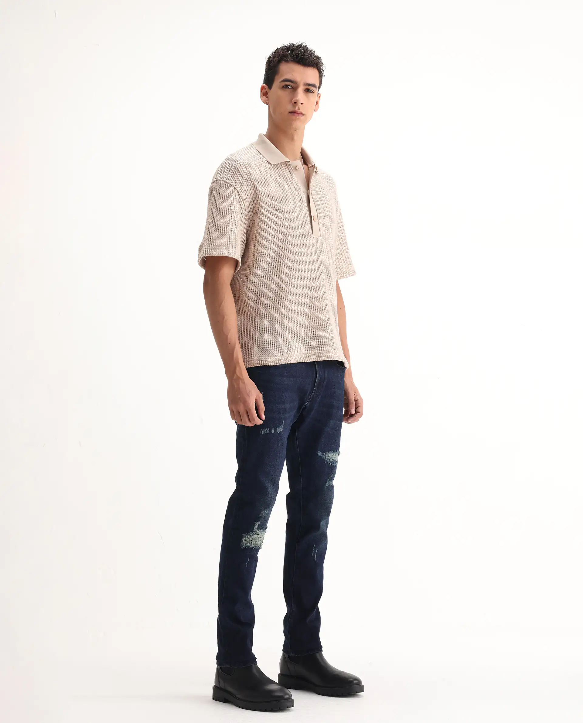Rare Rabbit Men's Erie Dusky Blue Cotton Blend Plain Hawk Slim Fit Jeans - Image 5
