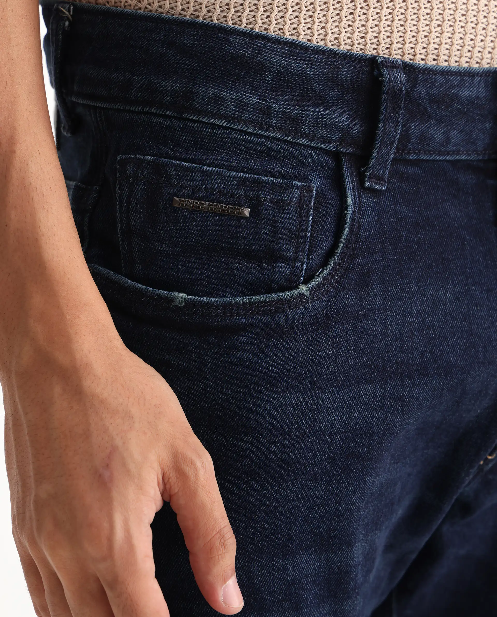 Rare Rabbit Men's Erie Dusky Blue Cotton Blend Plain Hawk Slim Fit Jeans - Image 6