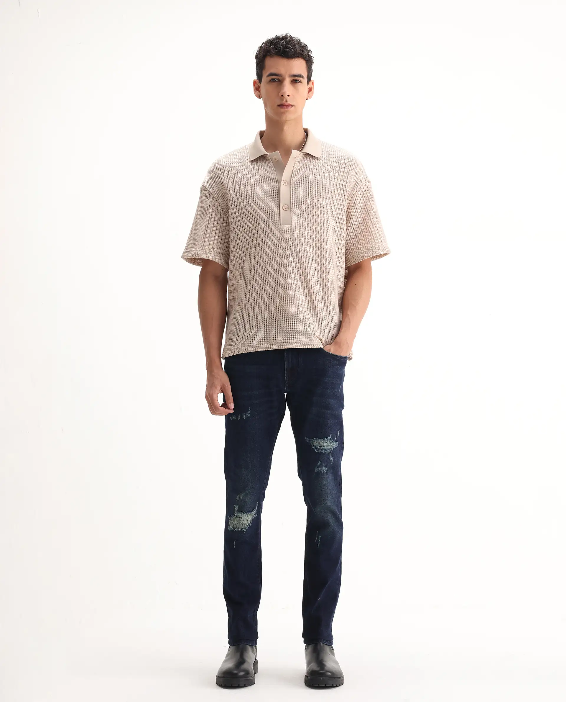 Rare Rabbit Men's Erie Dusky Blue Cotton Blend Plain Hawk Slim Fit Jeans - Image 8