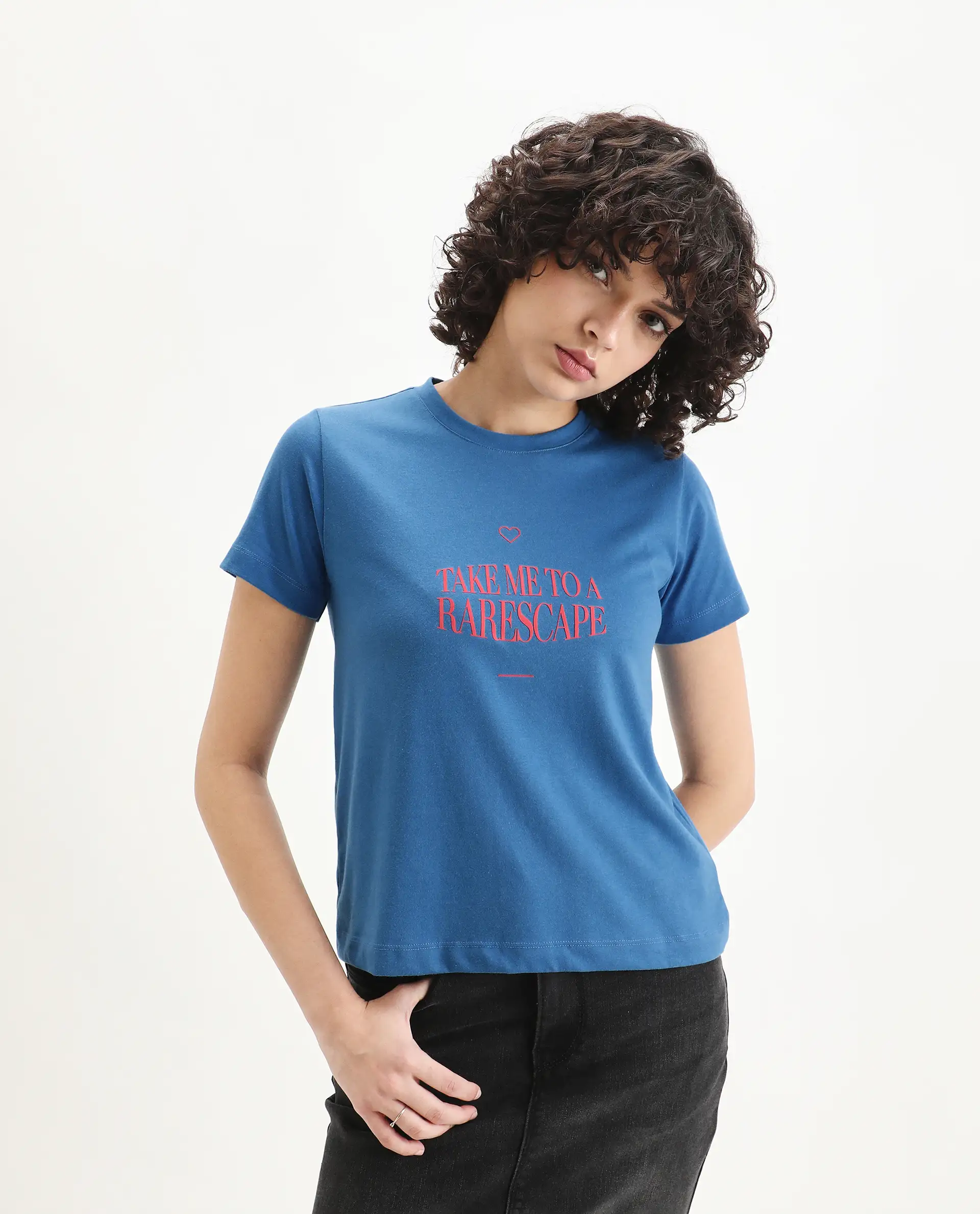 Rareism Women's Erin Blue Cotton Blend Crew Neck Graphic Print Regular Fit T-Shirt - Image 3