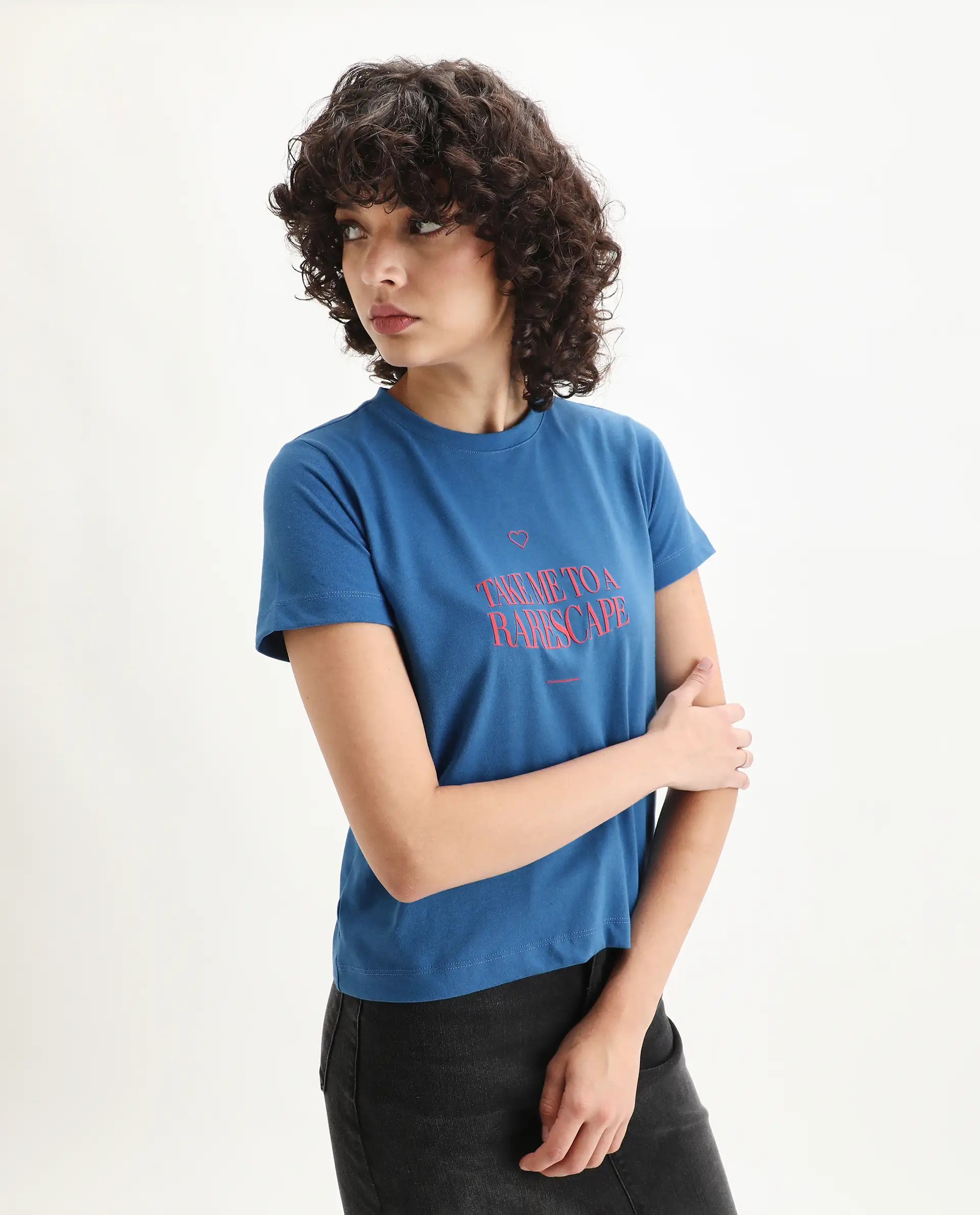 Rareism Women's Erin Blue Cotton Blend Crew Neck Graphic Print Regular Fit T-Shirt - Image 5
