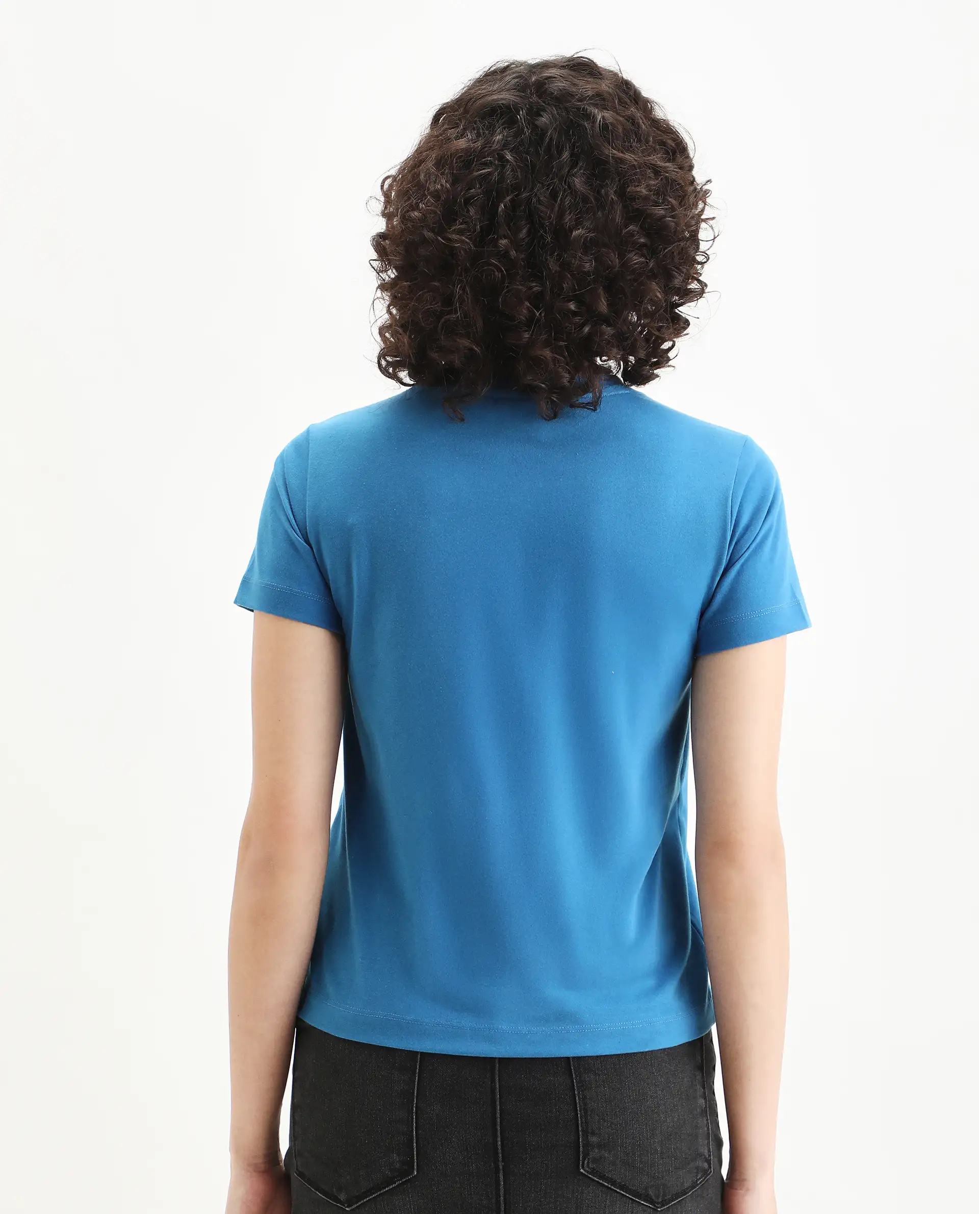 Rareism Women's Erin Blue Cotton Blend Crew Neck Graphic Print Regular Fit T-Shirt - Image 6
