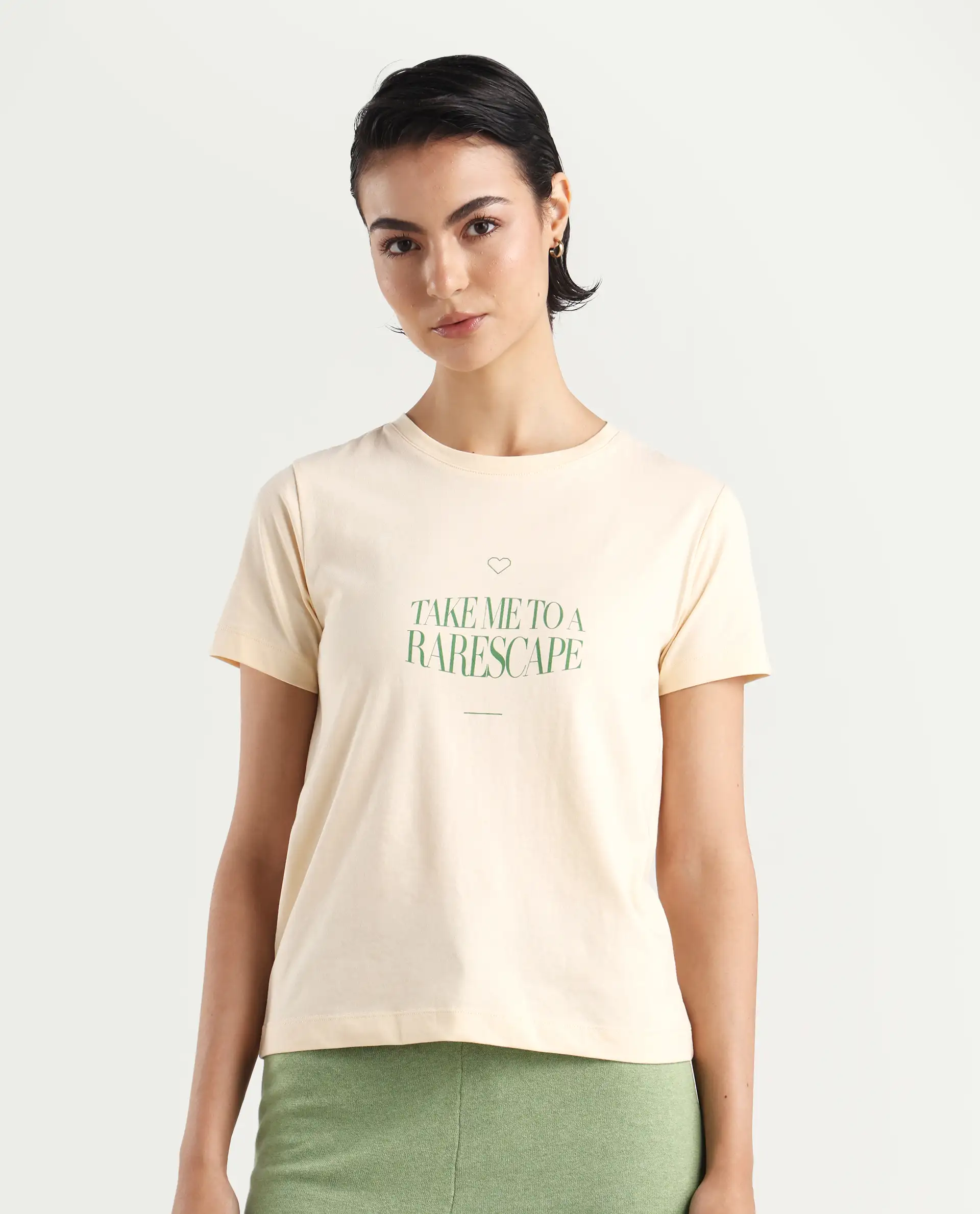 Rareism Women's Erin Light Beige Cotton Blend Crew Neck Graphic Print Regular Fit T-Shirt - Image 3