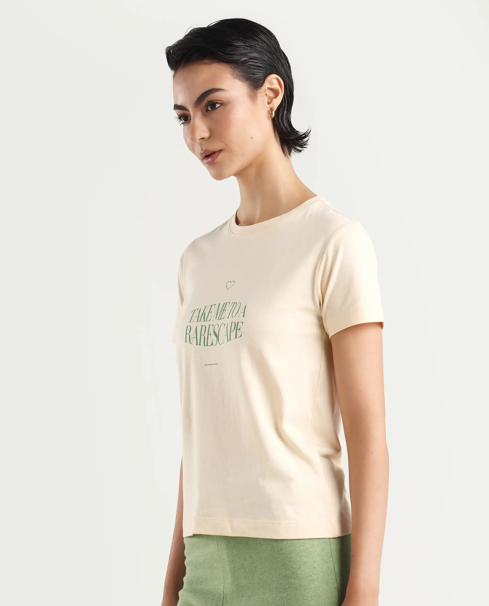 Rareism Women's Erin Light Beige Cotton Blend Crew Neck Graphic Print Regular Fit T-Shirt - Image 5