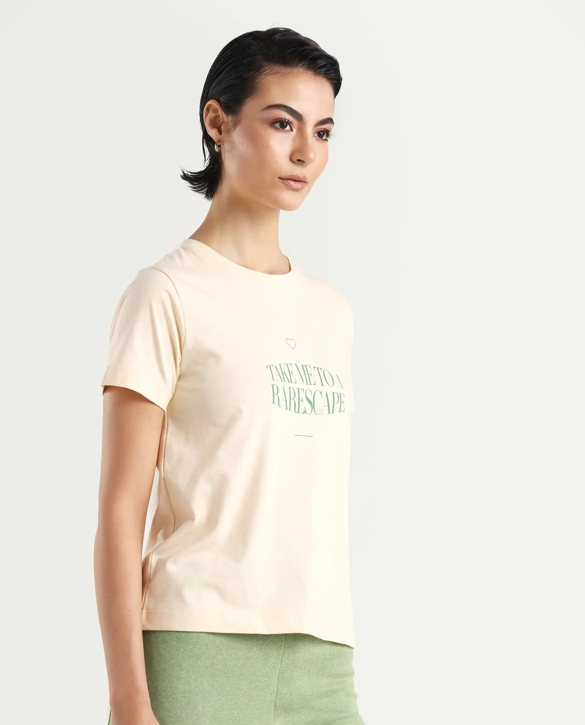 Rareism Women's Erin Light Beige Cotton Blend Crew Neck Graphic Print Regular Fit T-Shirt - Image 6