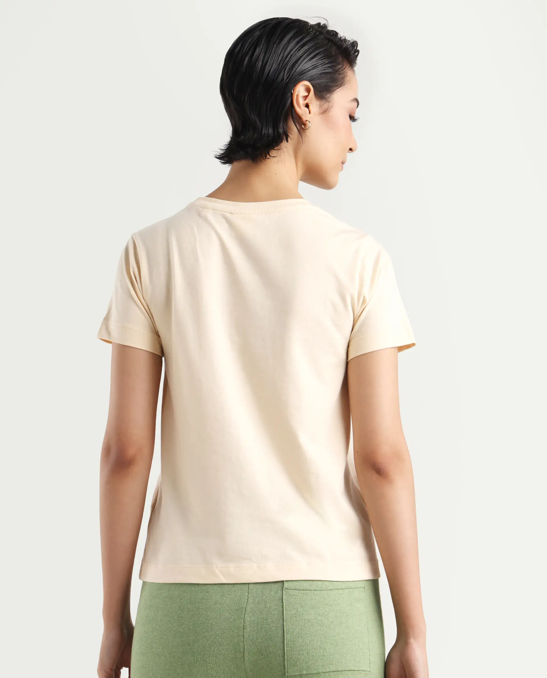 Rareism Women's Erin Light Beige Cotton Blend Crew Neck Graphic Print Regular Fit T-Shirt - Image 7