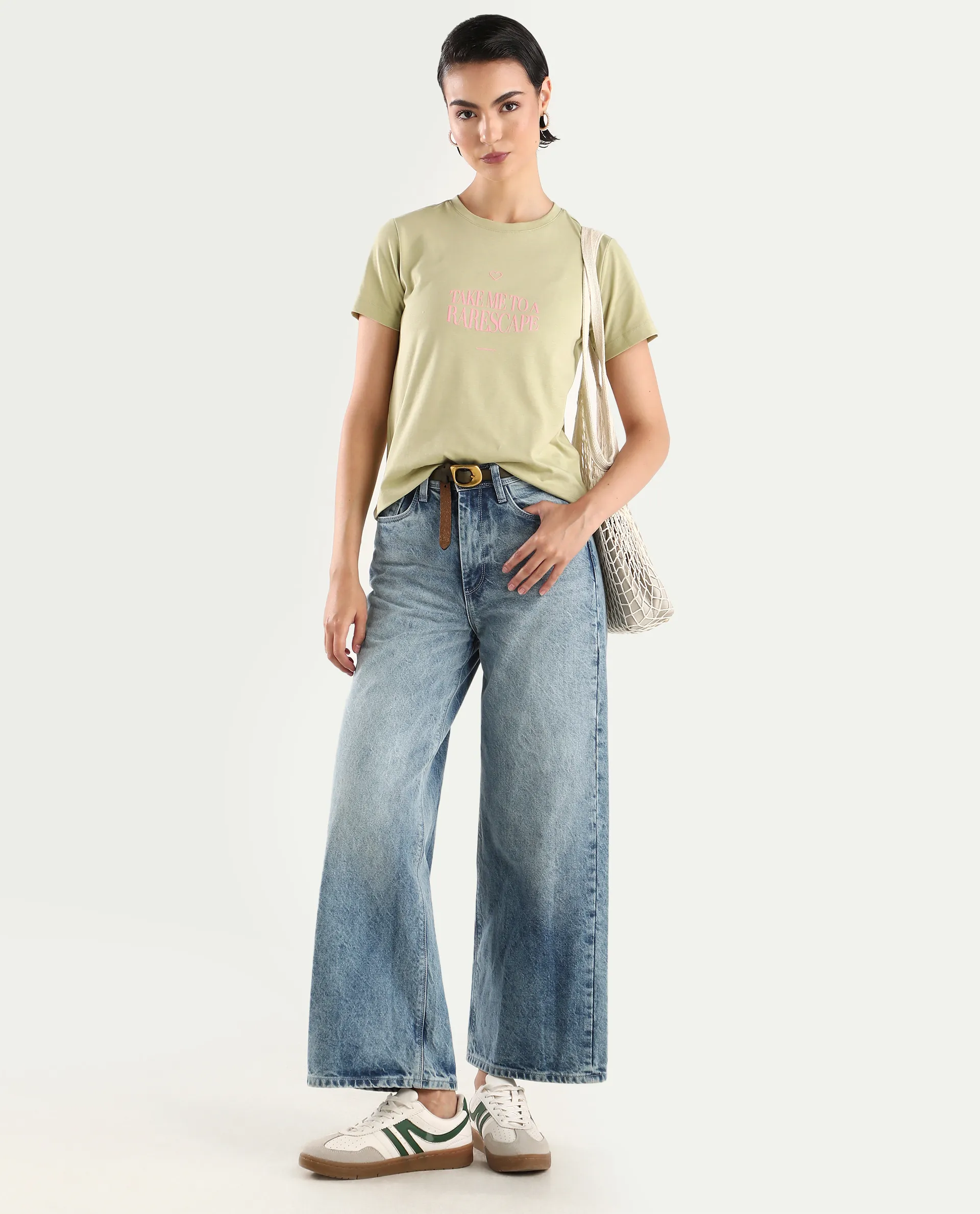 Rareism Women's Erin Light Green Cotton Blend Crew Neck Graphic Print Regular Fit T-Shirt - Image 2